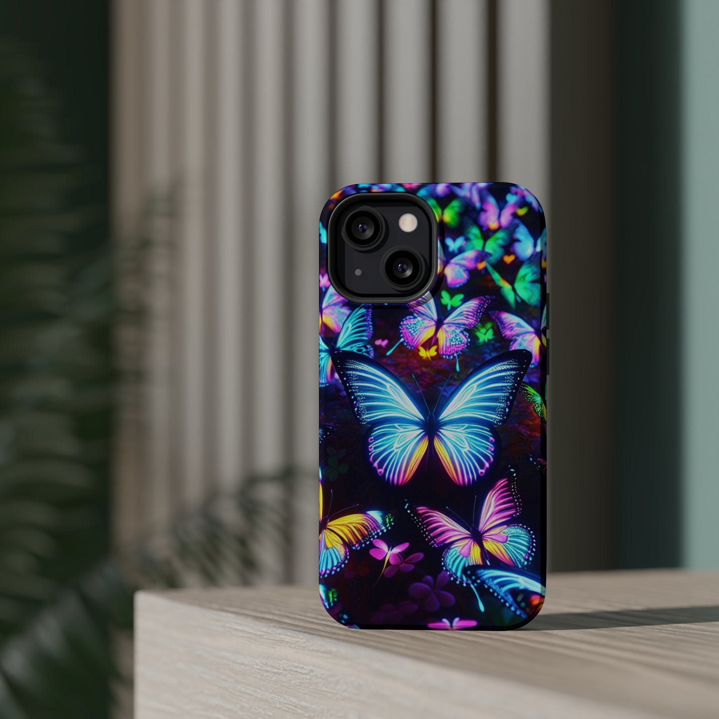 "Neon Butterflies in the Night Sky" Neon Butterflies Premium Art Magsafe Magnet Tough IPhone 13 14 15 Pro Plus Max and Mini in Matte and Glossy Phone cases