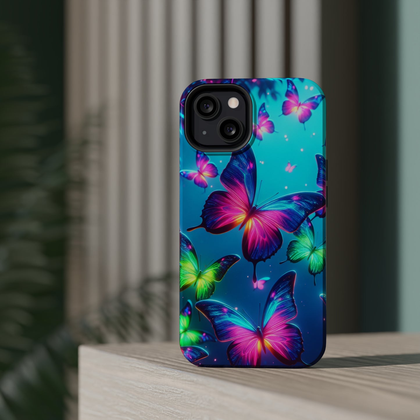 Vivid Glinting Neon Butterflies Neon Butterflies Premium Art Magsafe Magnet Tough IPhone 13 14 15 Pro Plus Max and Mini in Matte and Glossy Phone cases