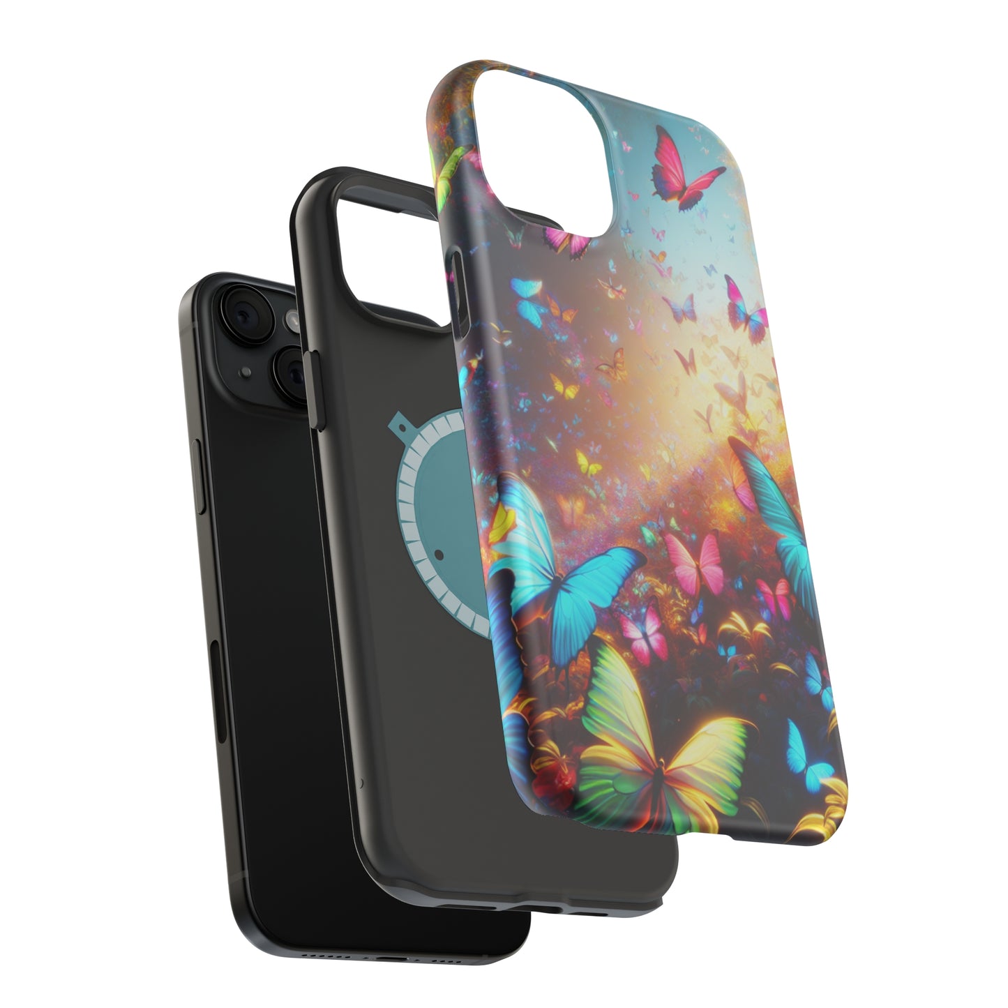 "Neon Butterfly Blooms" Neon Butterflies Premium Art Magsafe Magnet Tough IPhone 13 14 15 Pro Plus Max and Mini in Matte and Glossy Phone cases