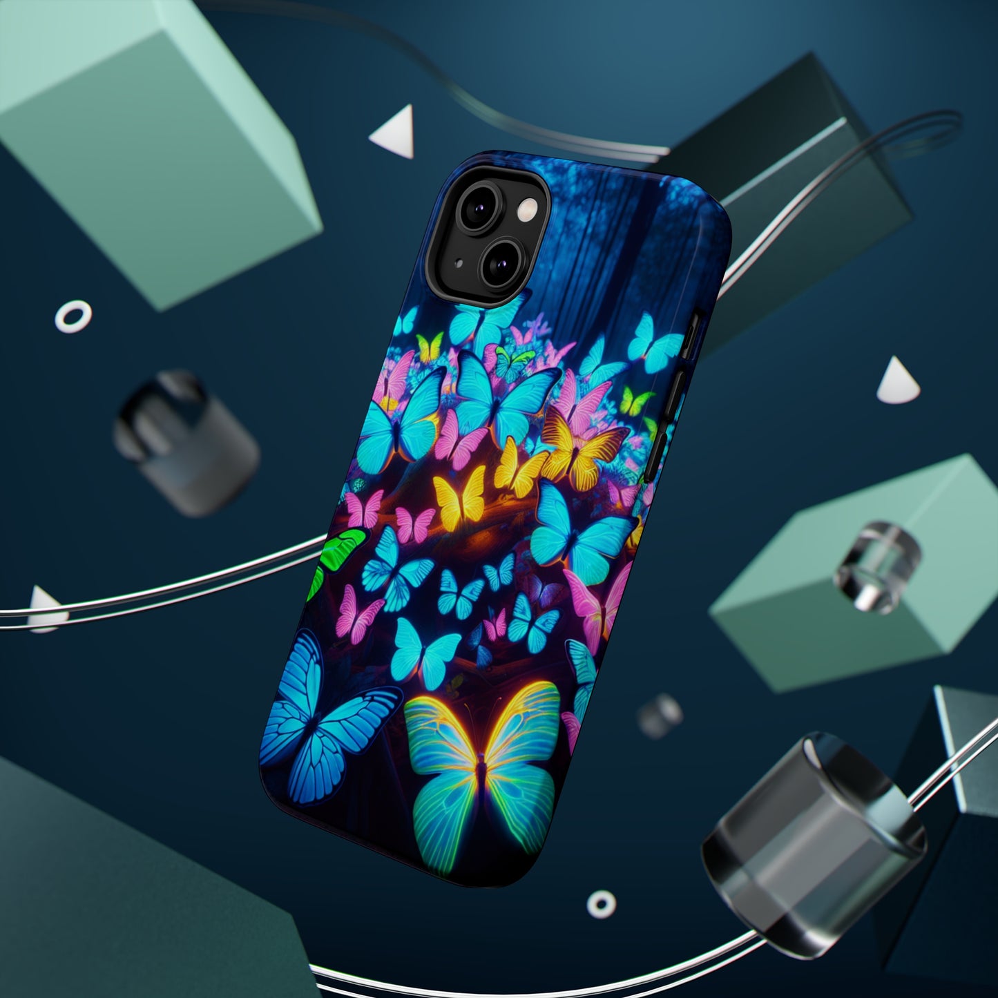 "Scintillating Swirls of Neon Butterflies" Neon Butterflies Premium Art Magsafe Magnet Tough IPhone 13 14 15 Pro Plus Max and Mini in Matte and Glossy Phone cases