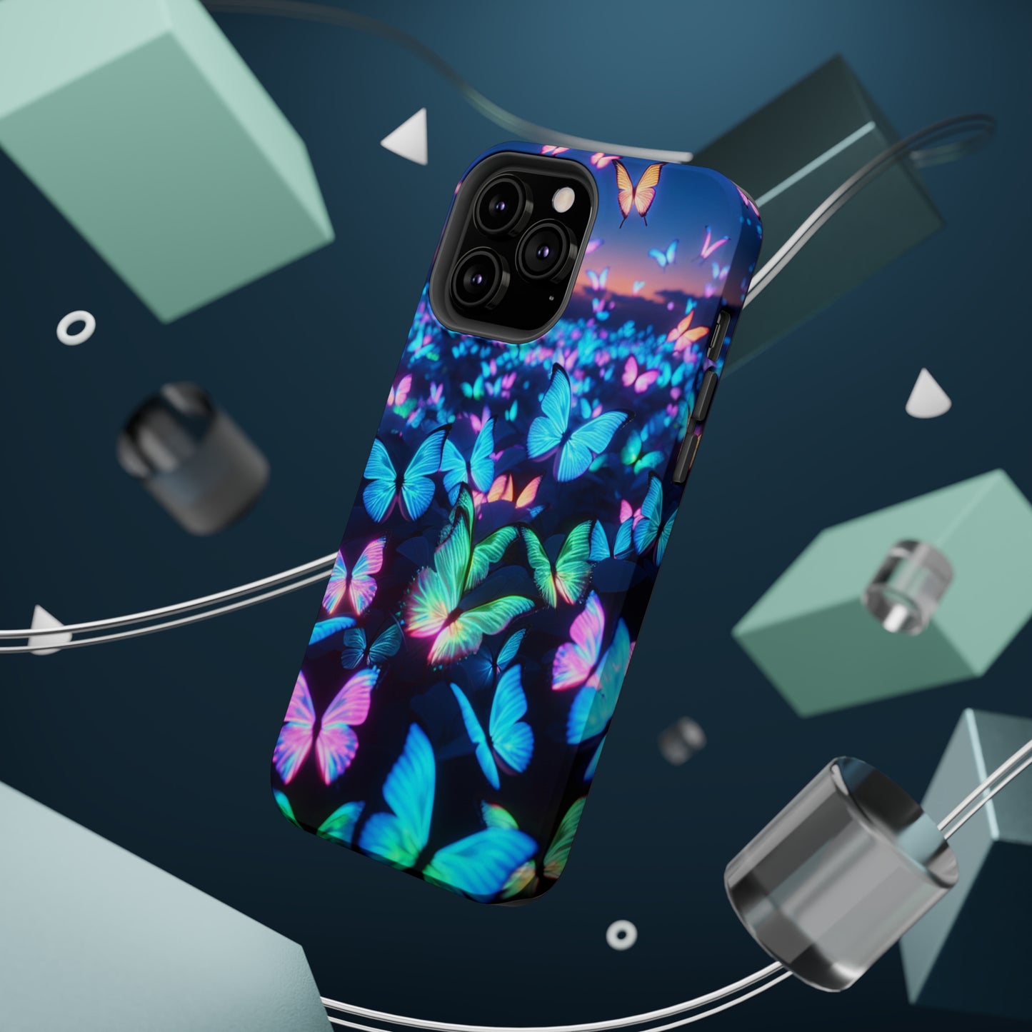 "Fantasia of Neon Butterflies" Neon Butterflies Premium Art Magsafe Magnet Tough IPhone 13 14 15 Pro Plus Max and Mini in Matte and Glossy Phone cases