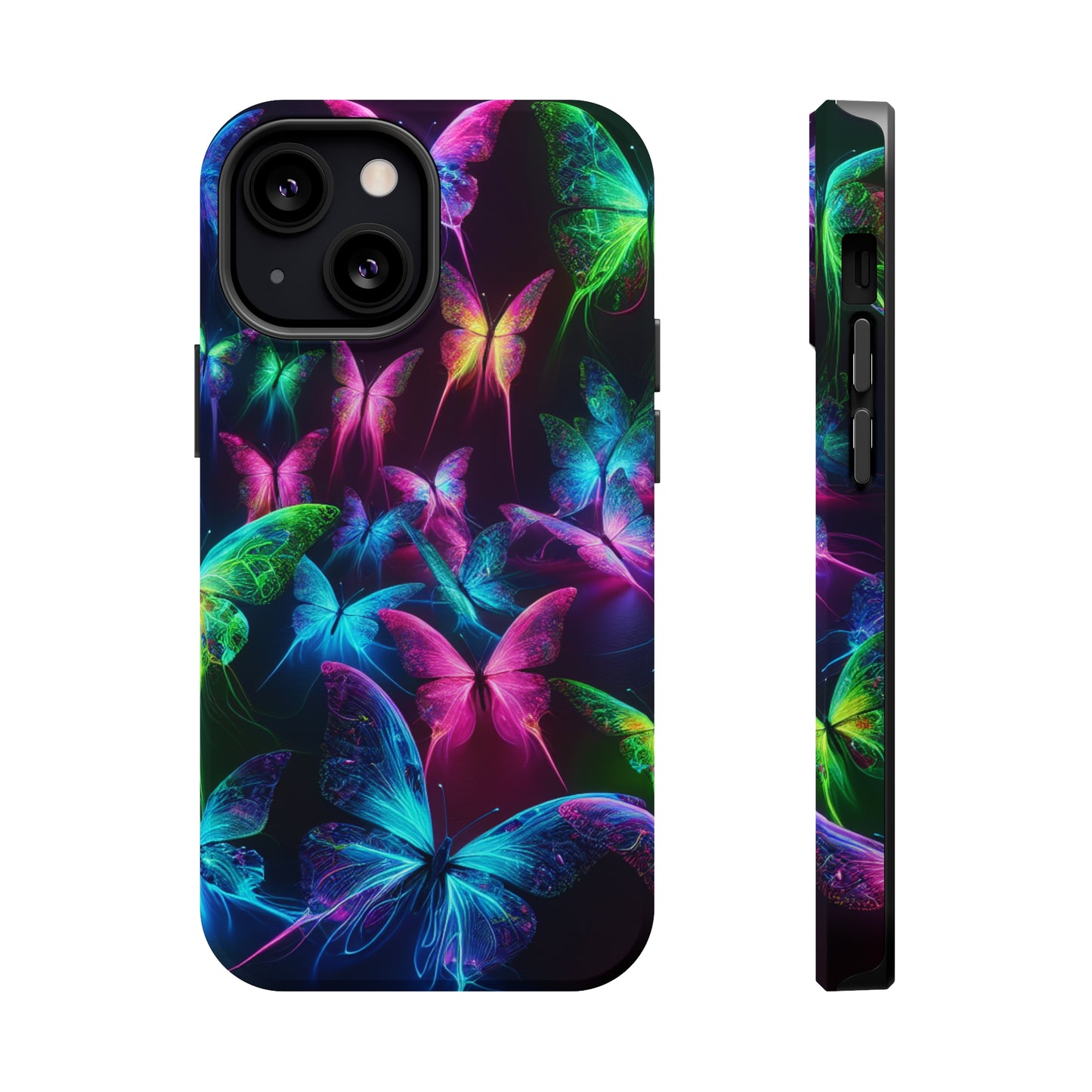 'Euphoria in Neon Flight' Neon Butterflies Premium Art Magsafe Magnet Tough IPhone 13 14 15 Pro Plus Max and Mini in Matte and Glossy Phone cases