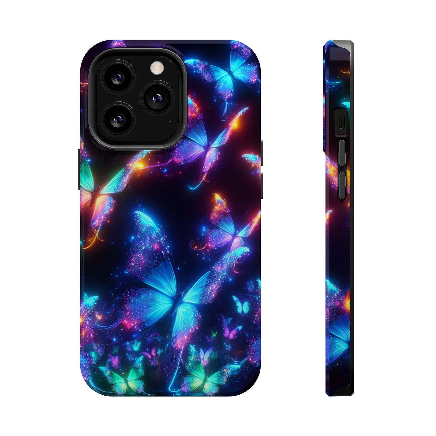 "Electrically Vivid Reverie" Neon Butterflies Premium Art Magsafe Magnet Tough IPhone 13 14 15 Pro Plus Max and Mini in Matte and Glossy Phone cases
