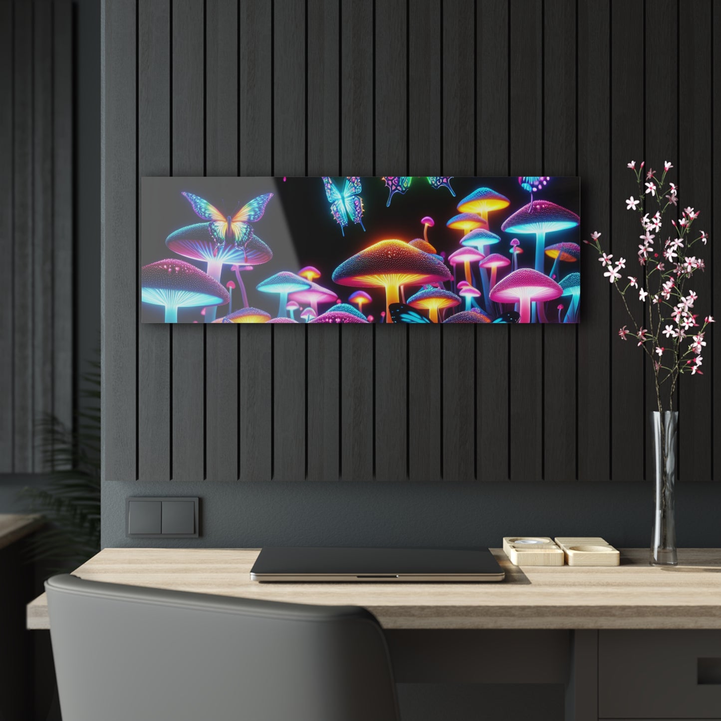 "Neon Splendor". Butterflies & Mushrooms 1/4" Glossy Acrylic Art