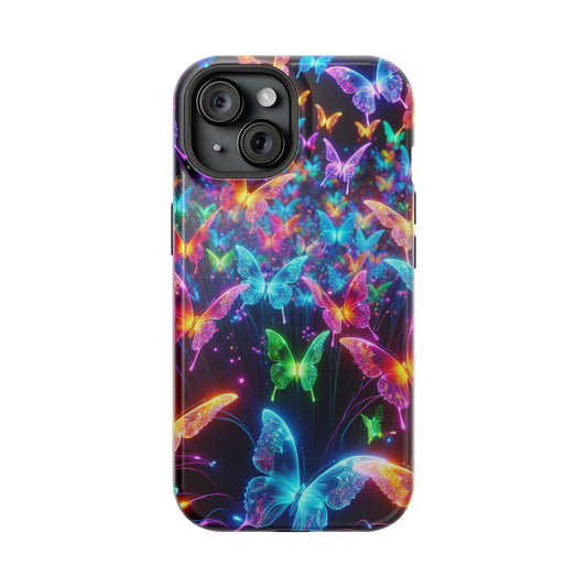 "Neon Flutterburst" Neon Butterflies Premium Art Magsafe Magnet Tough IPhone 13 14 15 Pro Plus Max and Mini in Matte and Glossy Phone cases