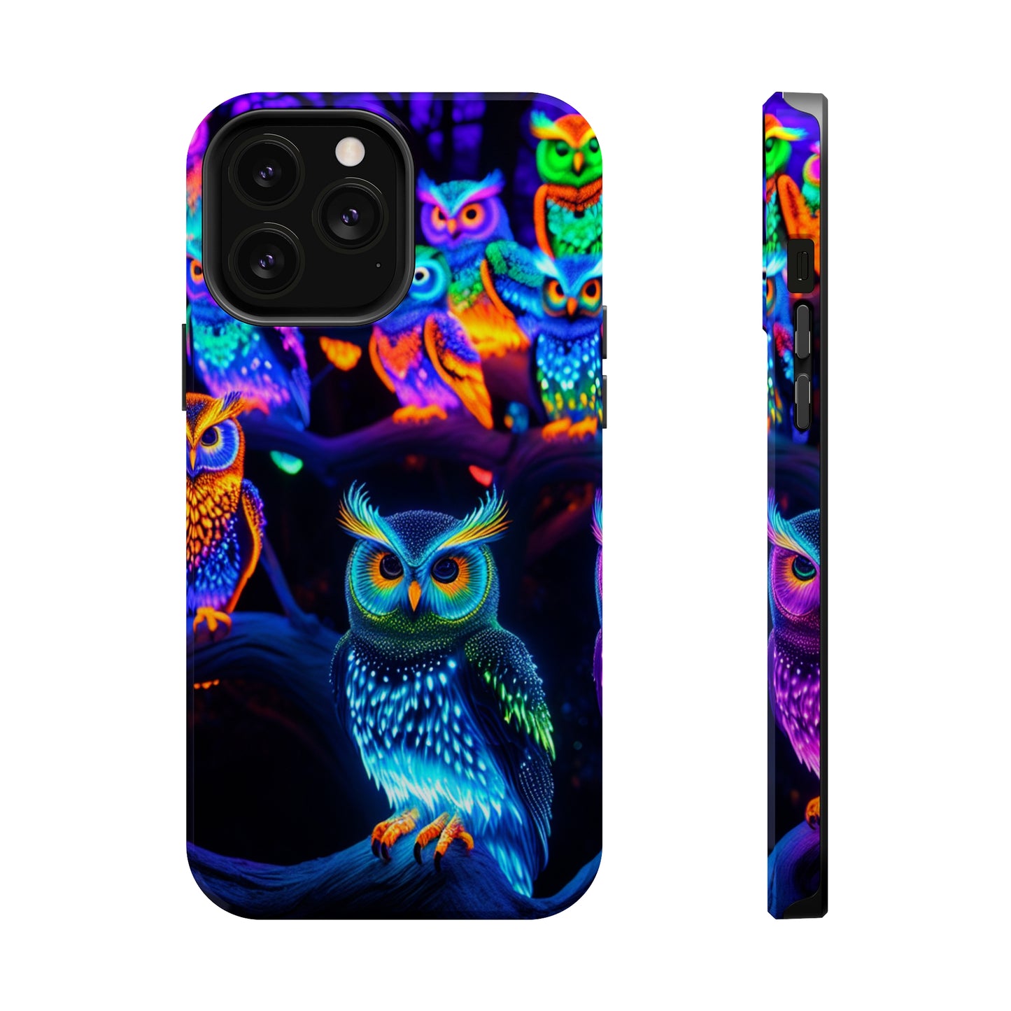 Glowing Neon Clan. Neon Owls Premium Art Magsafe Magnet Tough IPhone 13 14 15 Pro Plus Max and Mini in Matte and Glossy Phone cases