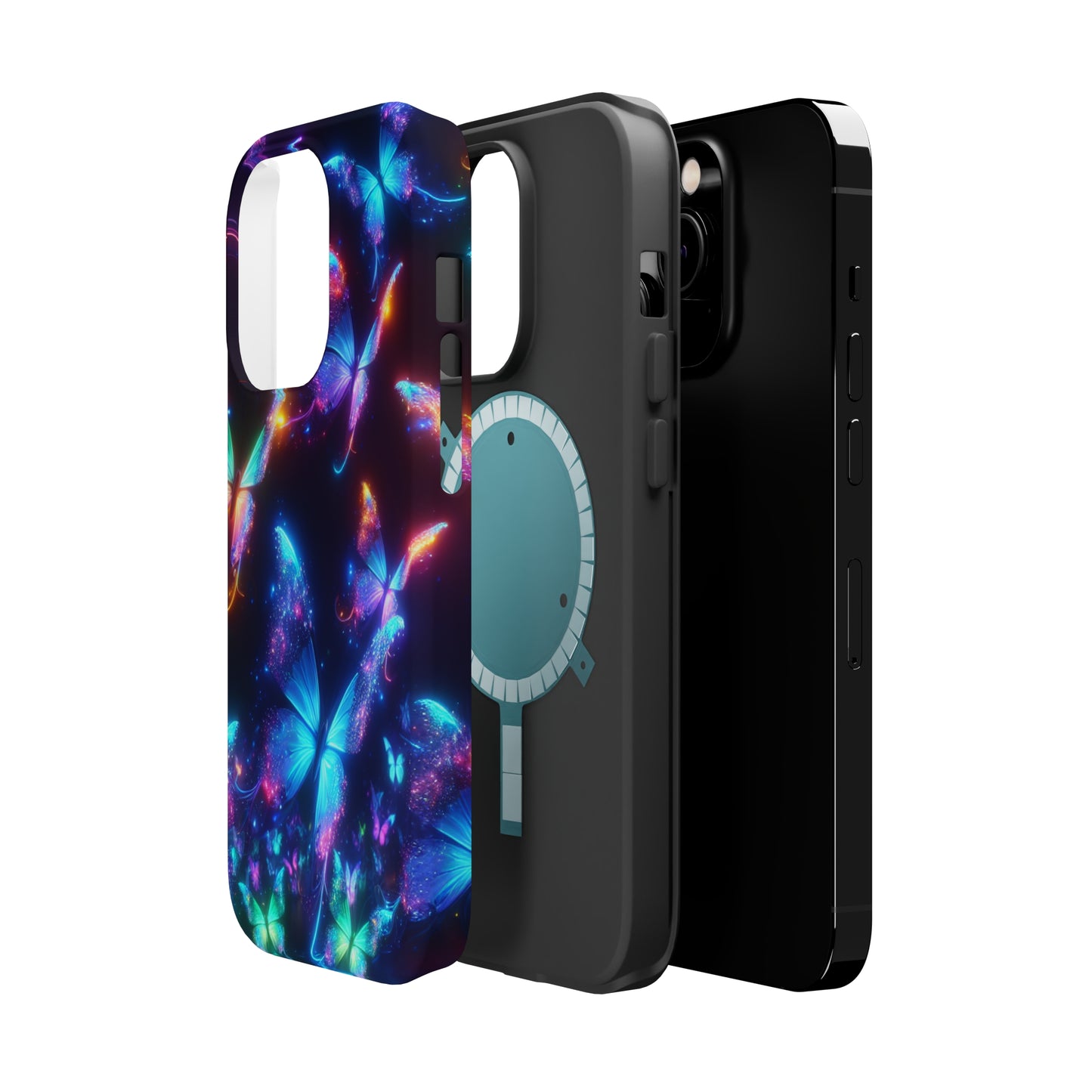 "Electrically Vivid Reverie" Neon Butterflies Premium Art Magsafe Magnet Tough IPhone 13 14 15 Pro Plus Max and Mini in Matte and Glossy Phone cases