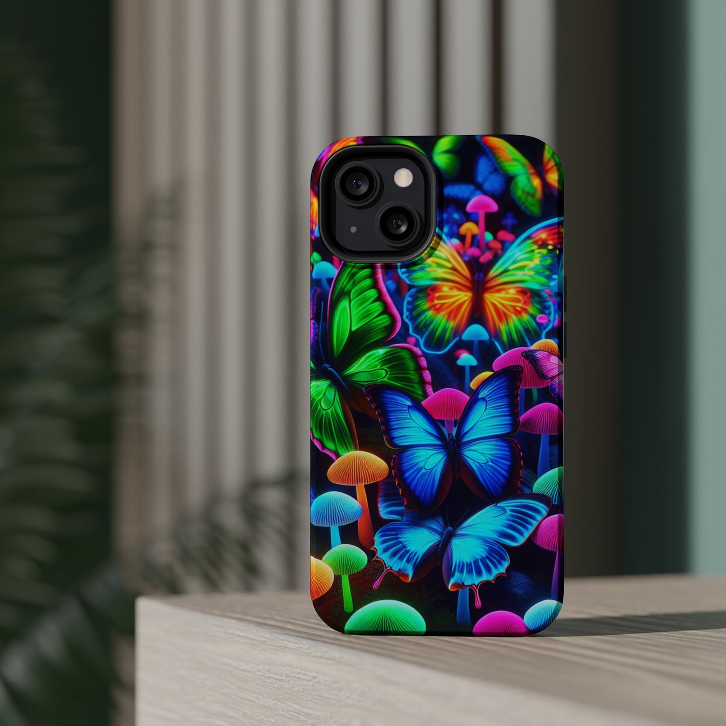 "Fantastic Fruition" Neon Butterflies and Mushrooms Premium Art Magsafe Magnet Tough IPhone 13 14 15 Pro Plus Max and Mini in Matte and Glossy Phone cases