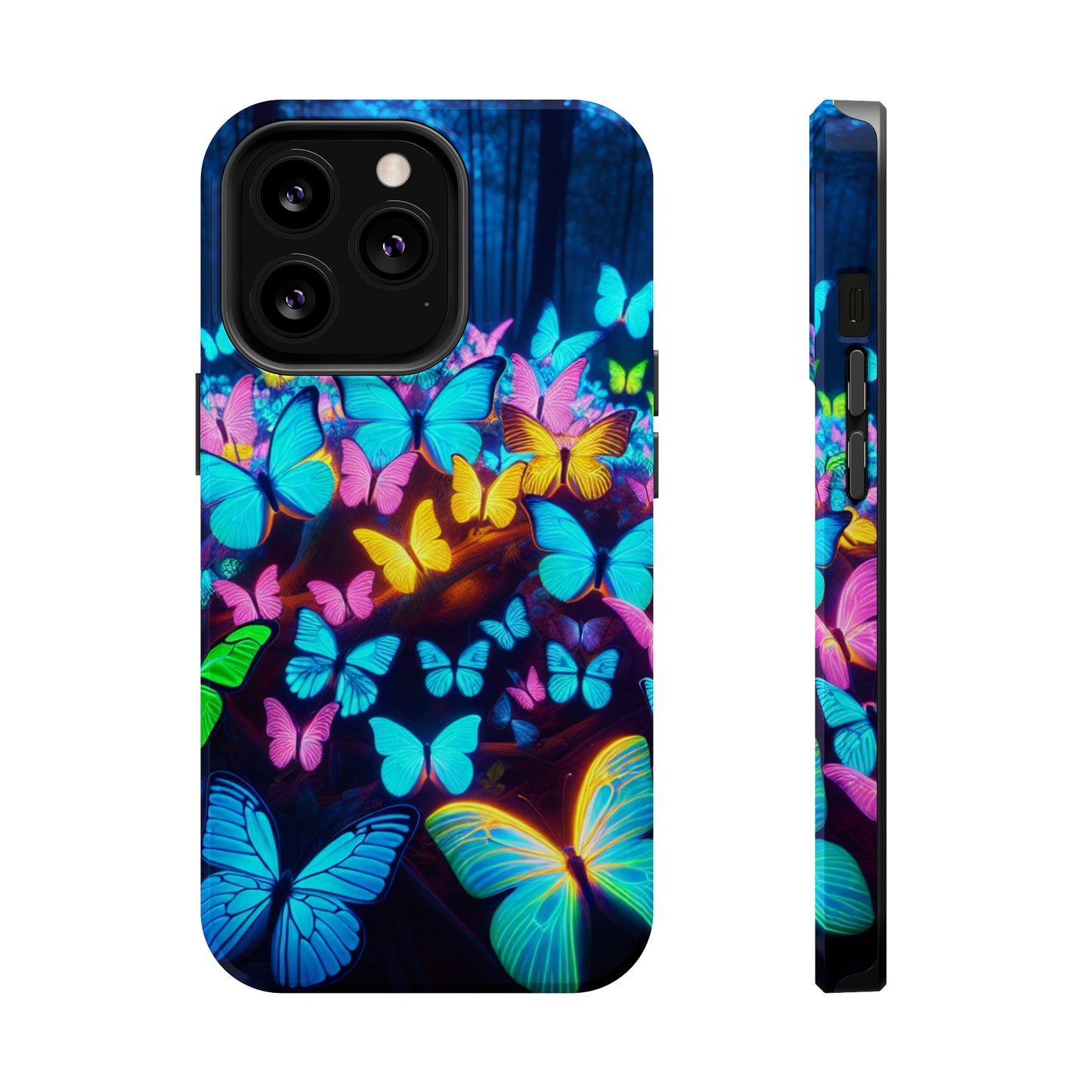 "Scintillating Swirls of Neon Butterflies" Neon Butterflies Premium Art Magsafe Magnet Tough IPhone 13 14 15 Pro Plus Max and Mini in Matte and Glossy Phone cases