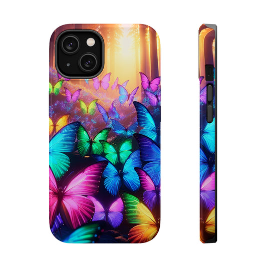 "Radiant Glowing Flight" Neon Butterflies Premium Art Magsafe Magnet Tough IPhone 13 14 15 Pro Plus Max and Mini in Matte and Glossy Phone cases