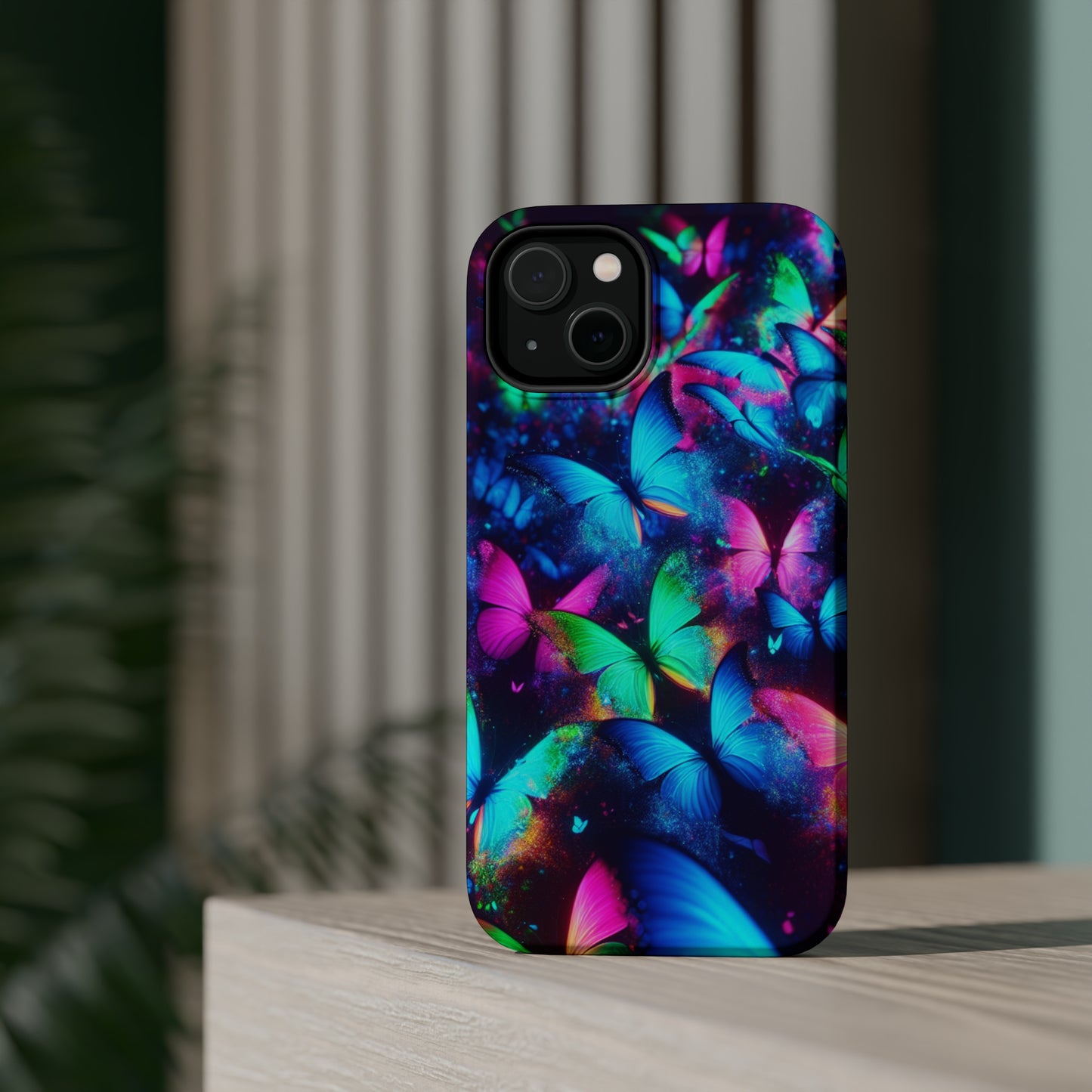 "Neon Flutterglow" Neon Butterflies Premium Art Magsafe Magnet Tough IPhone 13 14 15 Pro Plus Max and Mini in Matte and Glossy Phone cases