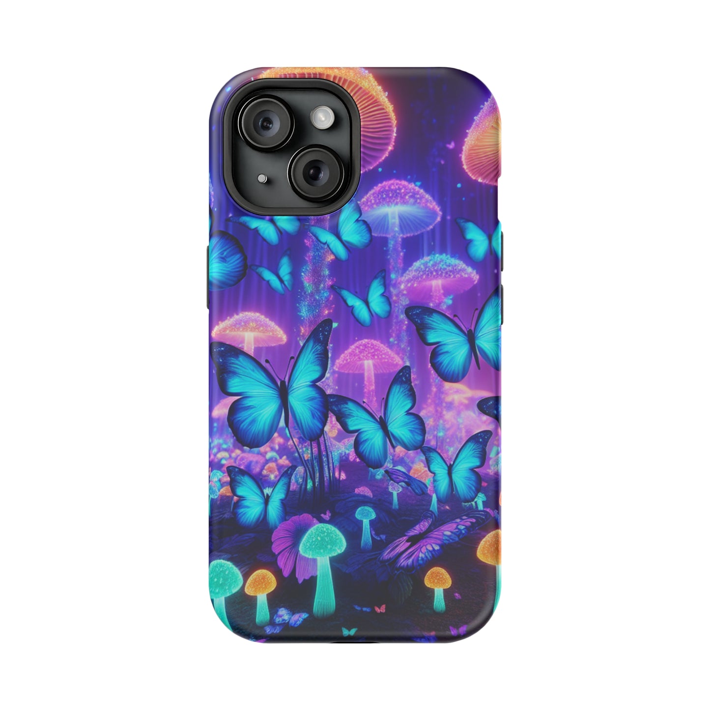 Neon Delight Landscape Neon Butterflies and Mushrooms Premium Art Magsafe Magnet Tough IPhone 13 14 15 Pro Plus Max and Mini in Matte and Glossy Phone cases