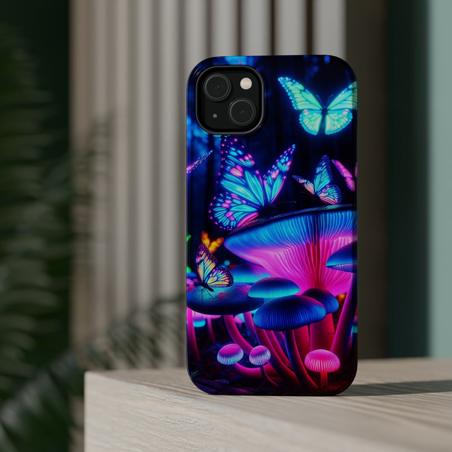 Neon Fantasy Garden Neon Butterflies and Mushrooms Premium Art Magsafe Magnet Tough IPhone 13 14 15 Pro Plus Max and Mini in Matte and Glossy Phone cases
