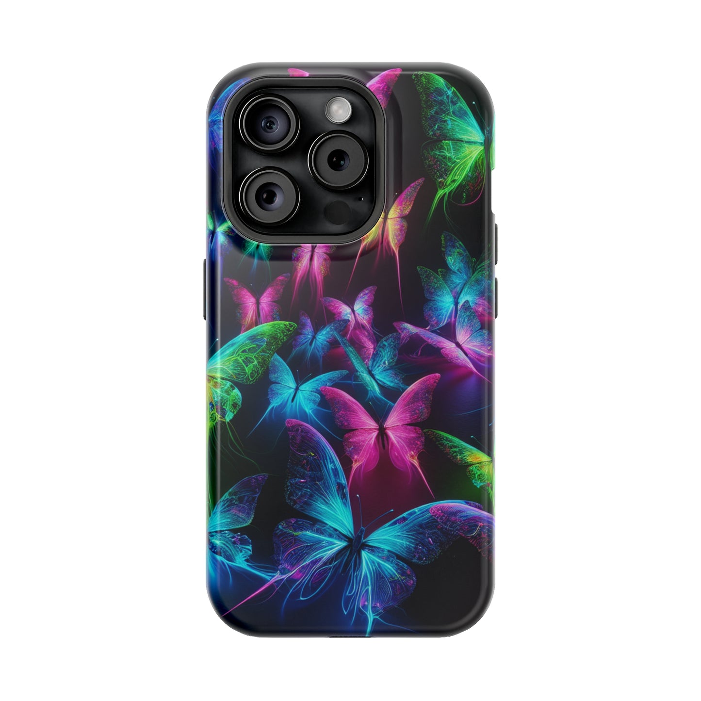 'Euphoria in Neon Flight' Neon Butterflies Premium Art Magsafe Magnet Tough IPhone 13 14 15 Pro Plus Max and Mini in Matte and Glossy Phone cases