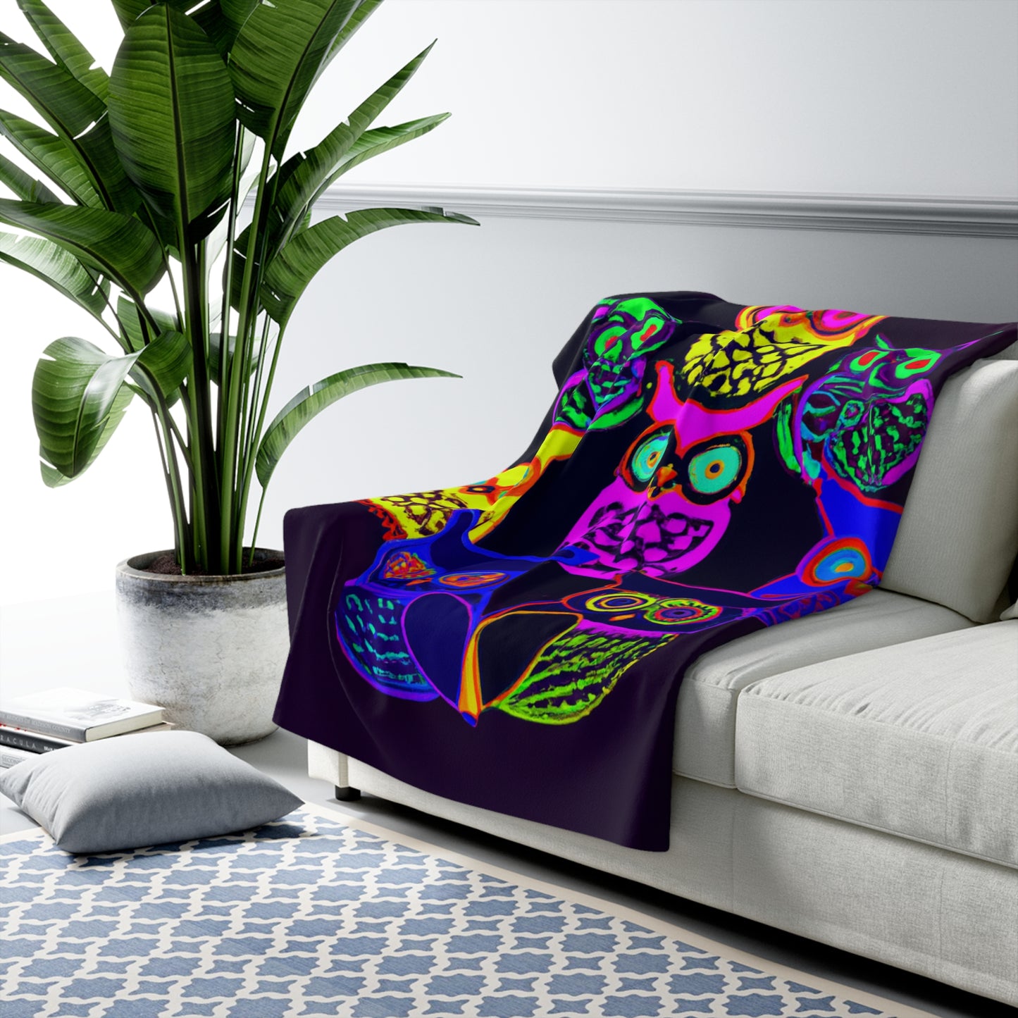 "Owls in Neon Splendor" - NEON Owls Art Sherpa Blanket