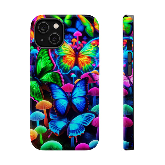 "Fantastic Fruition" Neon Butterflies and Mushrooms Premium Art Magsafe Magnet Tough IPhone 13 14 15 Pro Plus Max and Mini in Matte and Glossy Phone cases