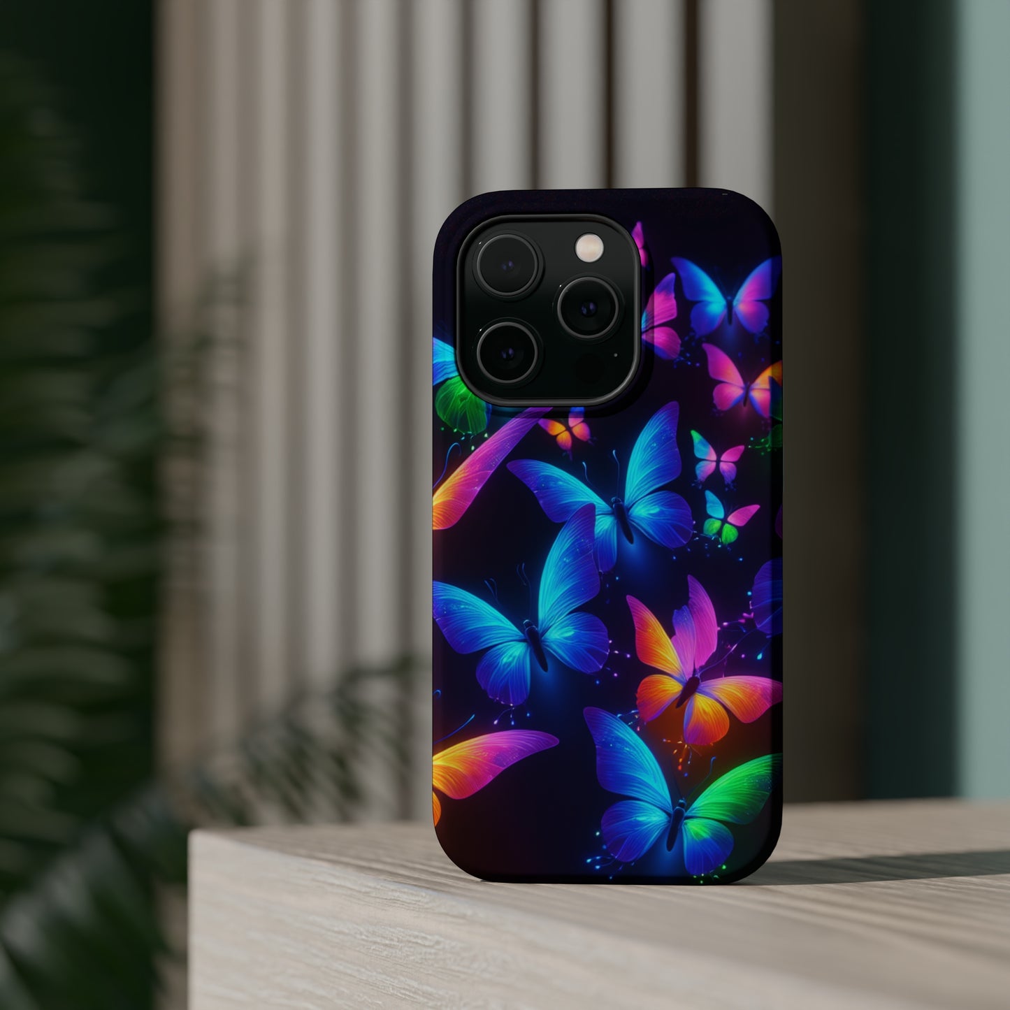 "Vibrant Neon Flutter" Neon Butterflies Premium Art Magsafe Magnet Tough IPhone 13 14 15 Pro Plus Max and Mini in Matte and Glossy Phone cases