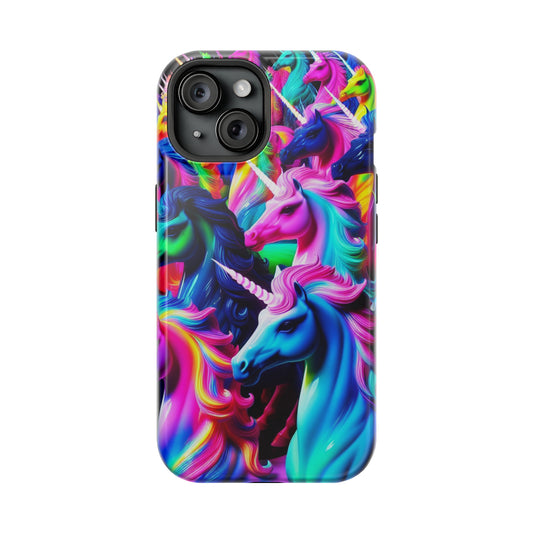 "Neon Illumination" Neon Unicorns Premium Art Magsafe Magnet Tough IPhone 13 14 15 Pro Plus Max and Mini in Matte and Glossy Phone cases