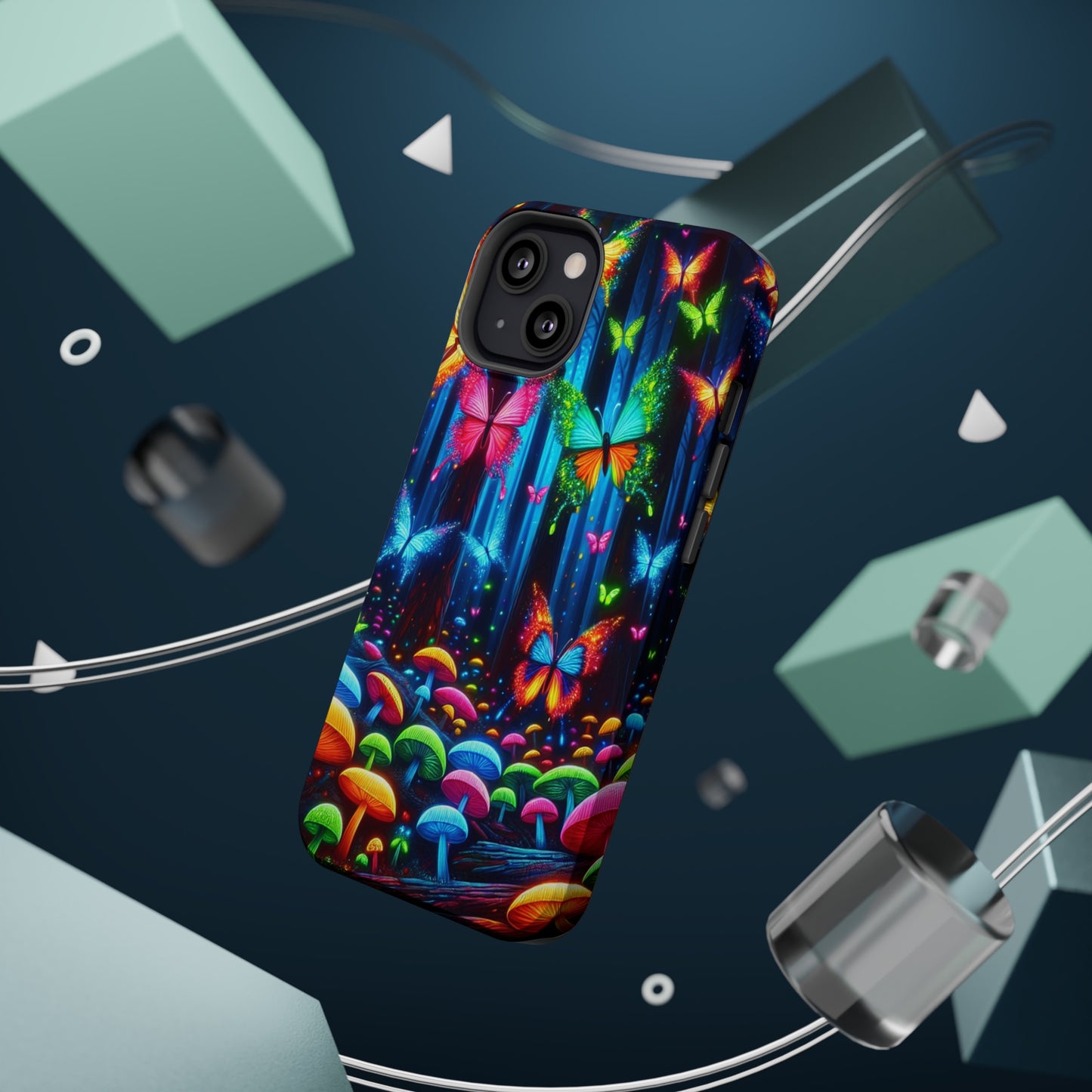 Neon Fantasia. Neon Butterflies and Mushrooms Premium Art Magsafe Magnet Tough IPhone 13 14 15 Pro Plus Max and Mini in Matte and Glossy Phone cases