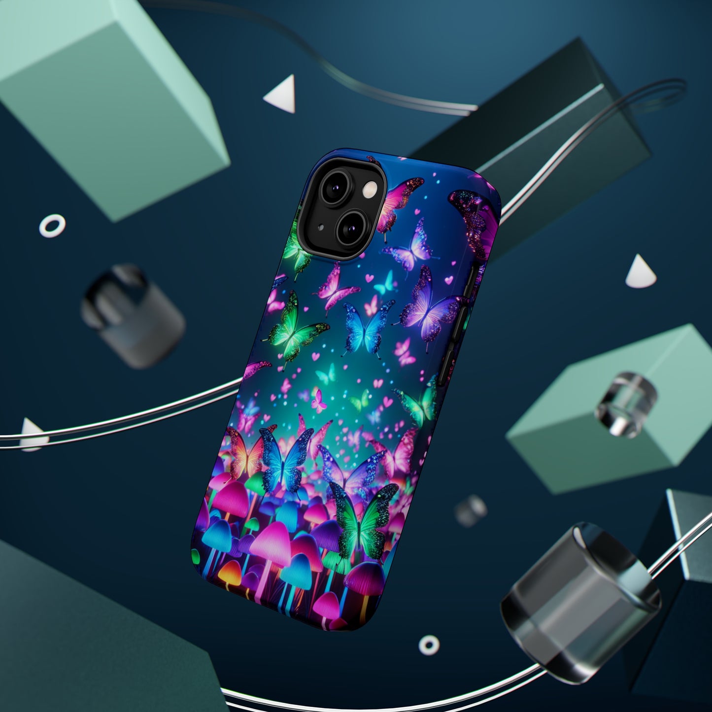 Neon Eden. Neon Butterflies and Mushrooms Premium Art Magsafe Magnet Tough IPhone 13 14 15 Pro Plus Max and Mini in Matte and Glossy Phone cases