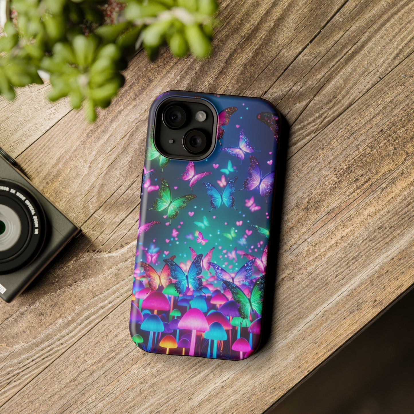 Neon Eden. Neon Butterflies and Mushrooms Premium Art Magsafe Magnet Tough IPhone 13 14 15 Pro Plus Max and Mini in Matte and Glossy Phone cases