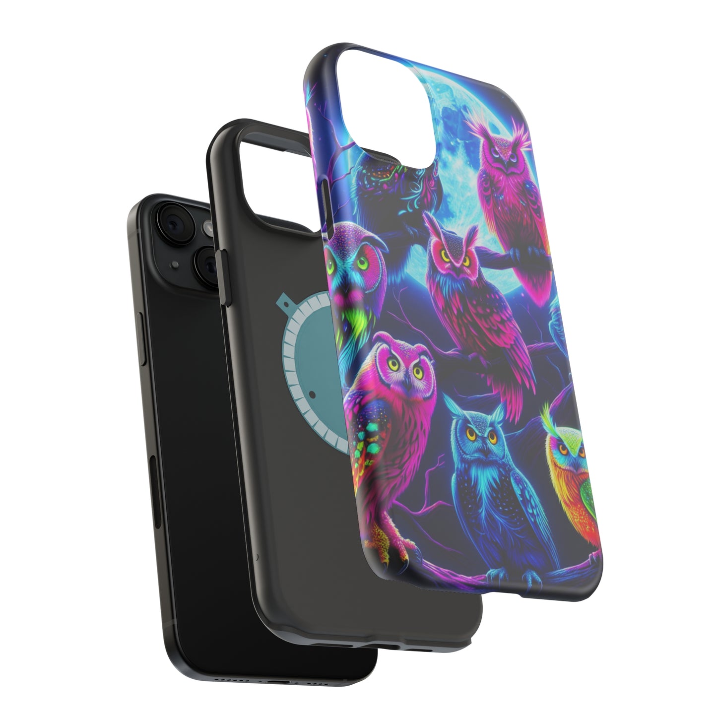 "Neon Splash of Owls" Neon Owls Premium Art Magsafe Magnet Tough IPhone 13 14 15 Pro Plus Max and Mini in Matte and Glossy Phone cases