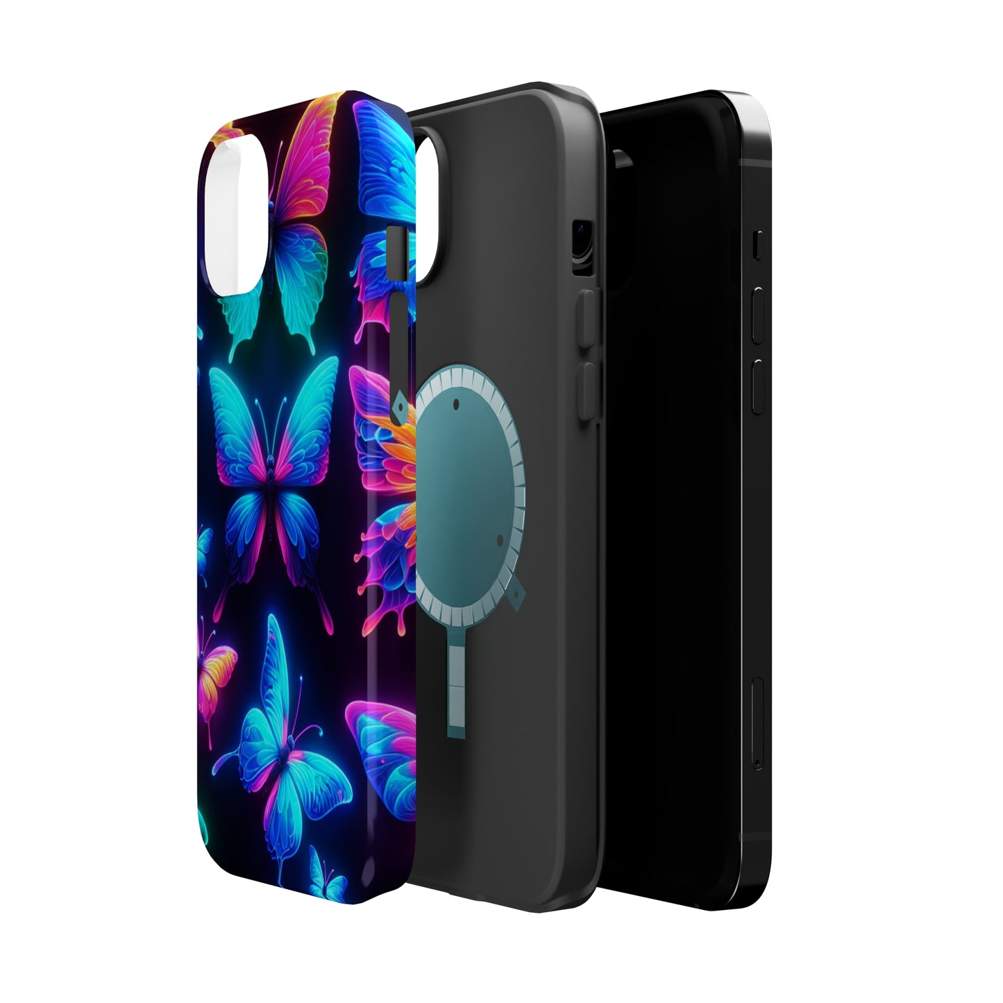 "Neon Flight Frenzy" Neon Butterflies Premium Art Magsafe Magnet Tough IPhone 13 14 15 Pro Plus Max and Mini in Matte and Glossy Phone cases