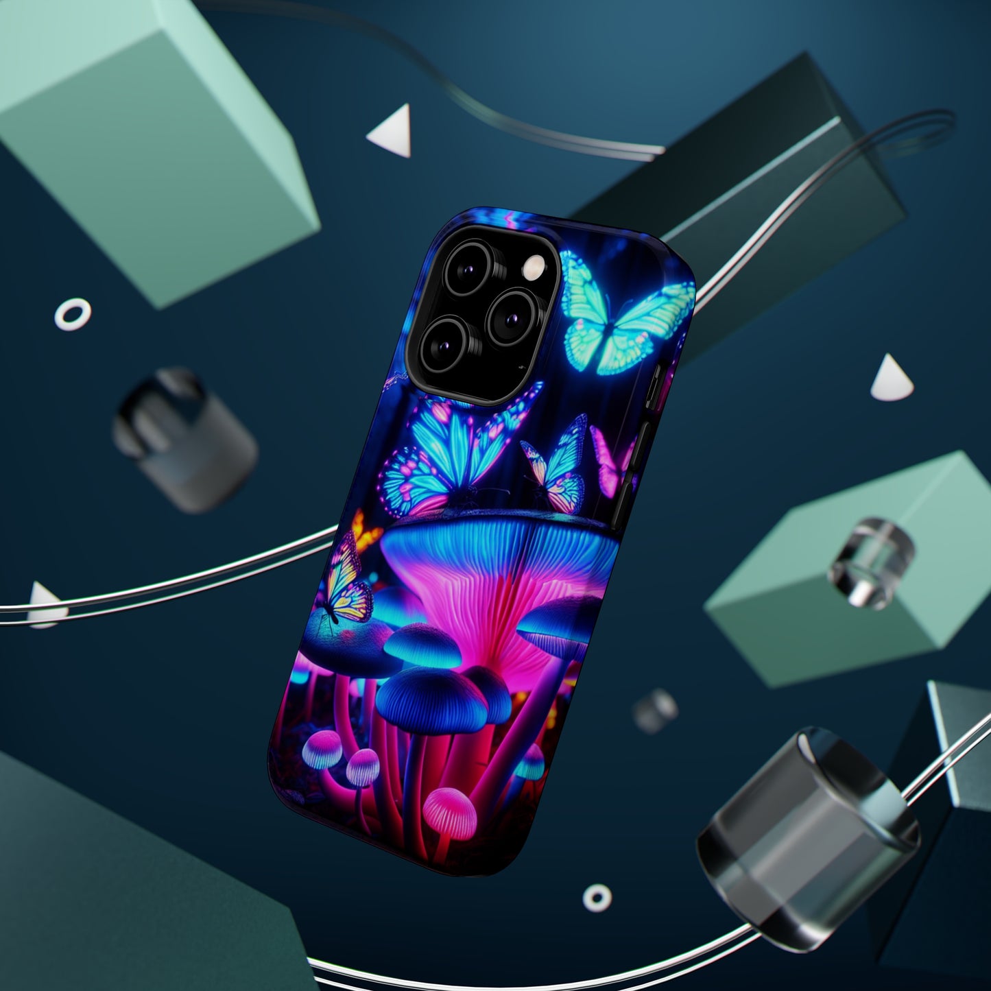 Neon Fantasy Garden Neon Butterflies and Mushrooms Premium Art Magsafe Magnet Tough IPhone 13 14 15 Pro Plus Max and Mini in Matte and Glossy Phone cases