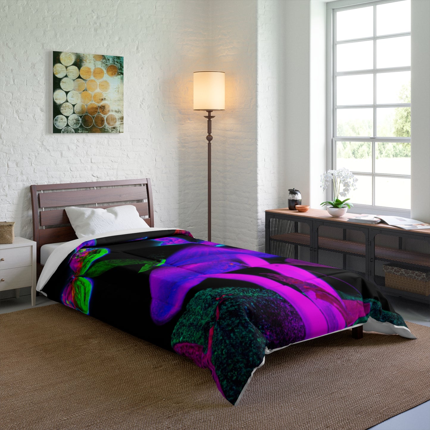 "Neon Funshine Garden". Butterflies & Mushrooms Comforter Blanket