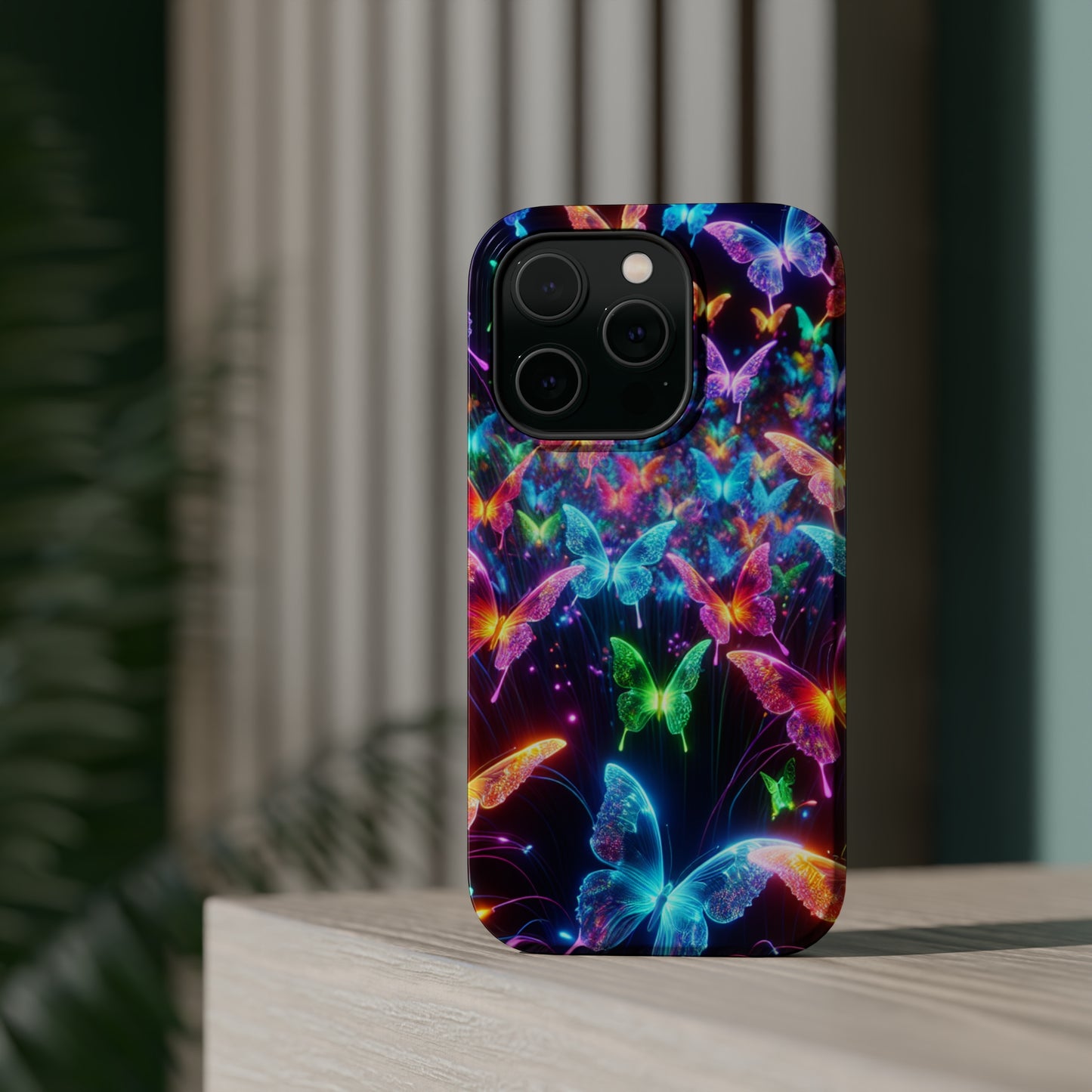 "Neon Flutterburst" Neon Butterflies Premium Art Magsafe Magnet Tough IPhone 13 14 15 Pro Plus Max and Mini in Matte and Glossy Phone cases