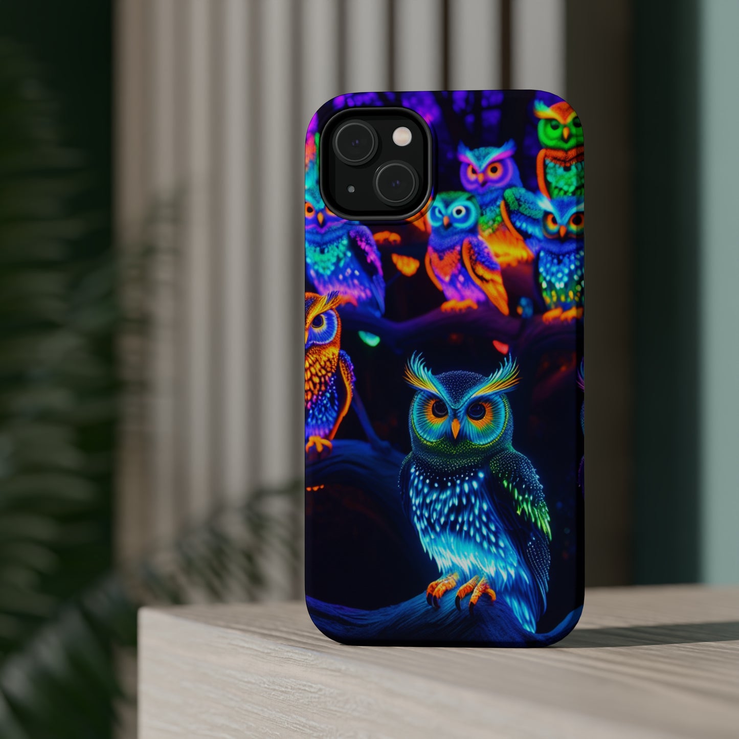 Glowing Neon Clan. Neon Owls Premium Art Magsafe Magnet Tough IPhone 13 14 15 Pro Plus Max and Mini in Matte and Glossy Phone cases