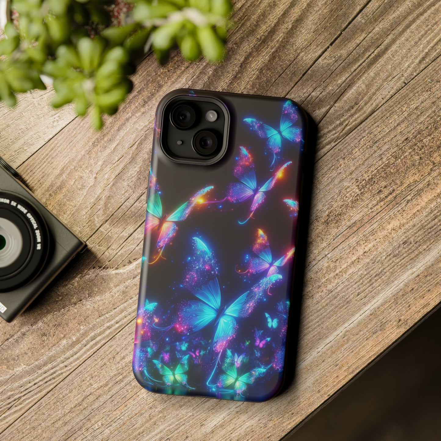 "Electrically Vivid Reverie" Neon Butterflies Premium Art Magsafe Magnet Tough IPhone 13 14 15 Pro Plus Max and Mini in Matte and Glossy Phone cases