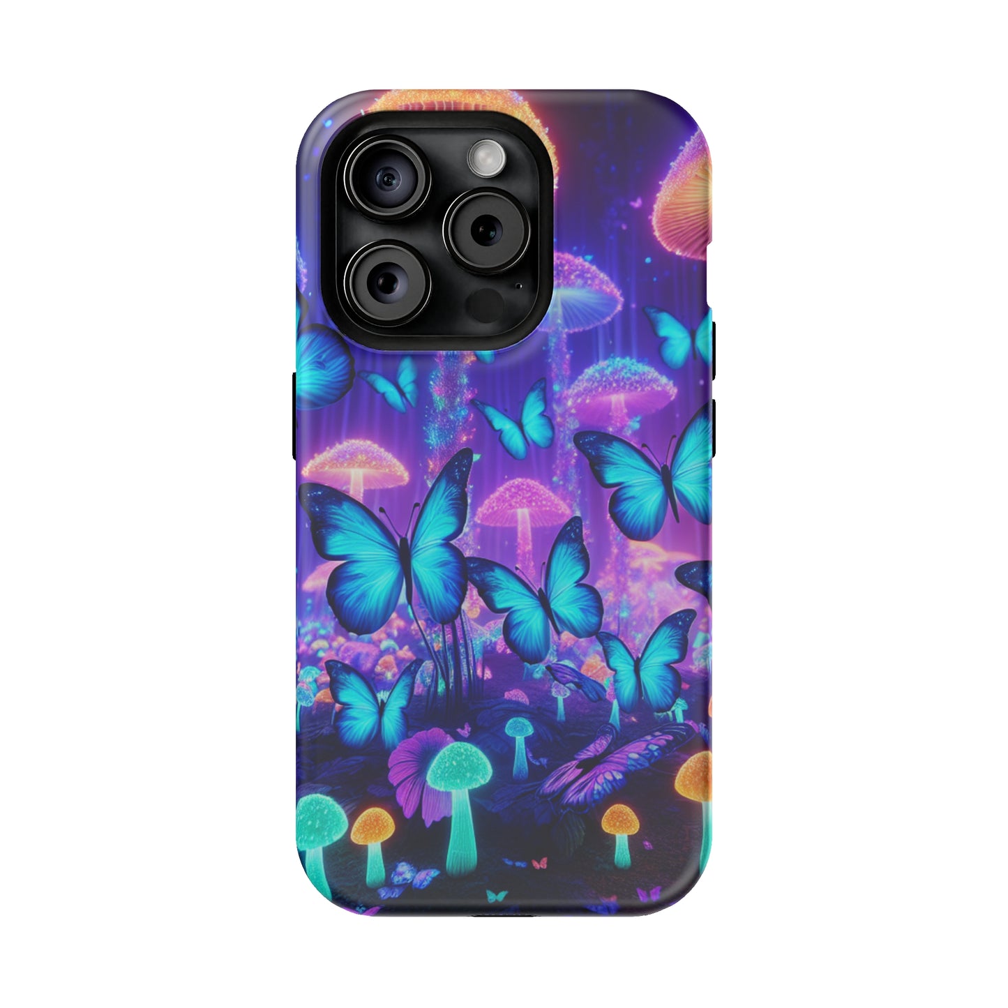 Neon Delight Landscape Neon Butterflies and Mushrooms Premium Art Magsafe Magnet Tough IPhone 13 14 15 Pro Plus Max and Mini in Matte and Glossy Phone cases