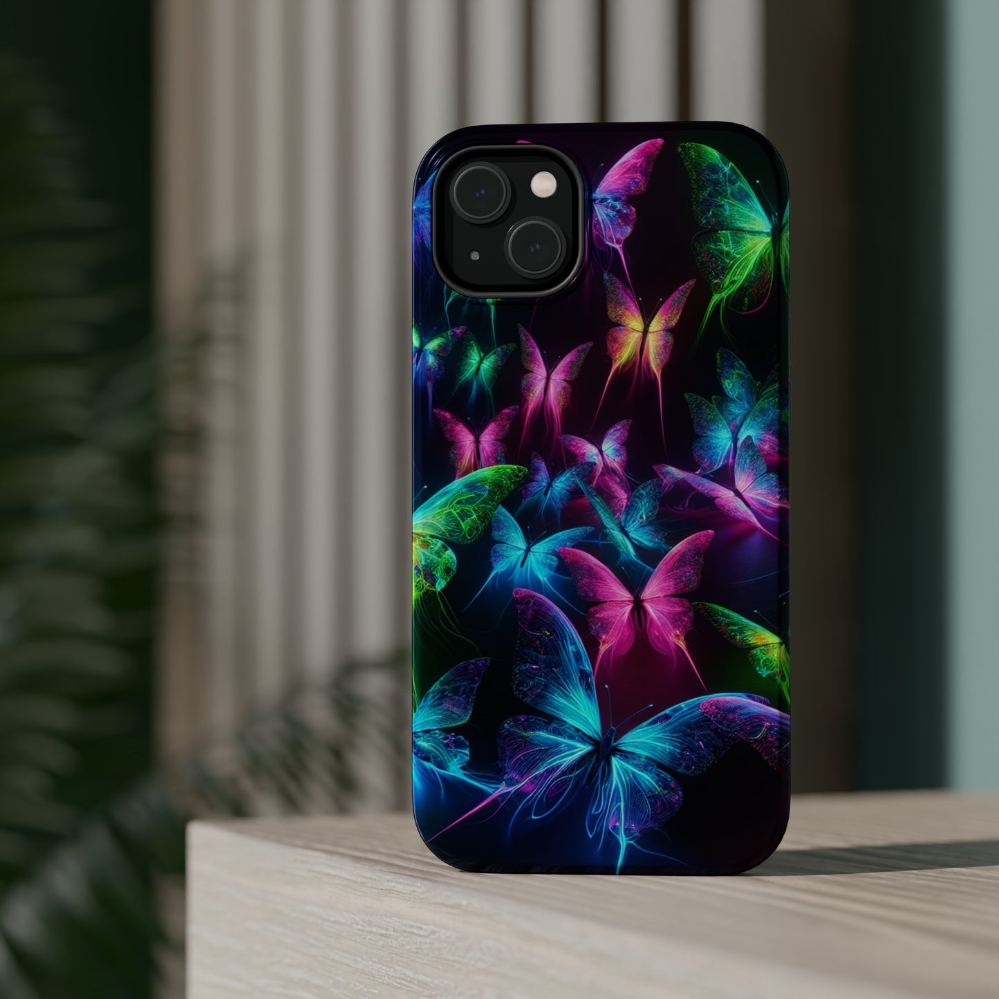 'Euphoria in Neon Flight' Neon Butterflies Premium Art Magsafe Magnet Tough IPhone 13 14 15 Pro Plus Max and Mini in Matte and Glossy Phone cases
