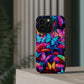 "Neon Tie-Dye Garden" Neon Butterflies and Mushrooms Premium Art Magsafe Magnet Tough IPhone 13 14 15 Pro Plus Max and Mini in Matte and Glossy Phone cases