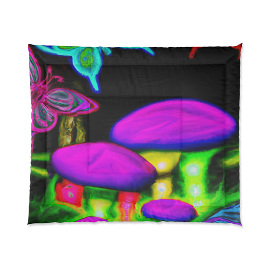 "Neon Rainforest Symphony" Butterflies & Mushrooms Comforter Blanket