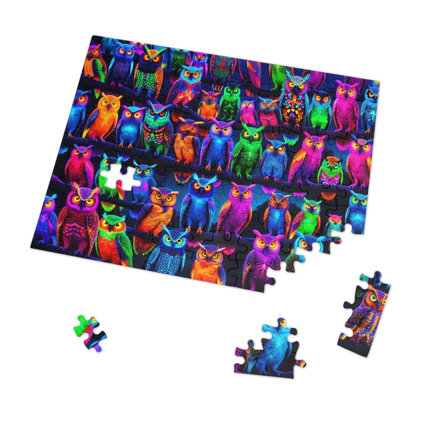 "Neon Owl Party" - Neon Owls Puzzle 30, 110, 252, and 1000 Pieces