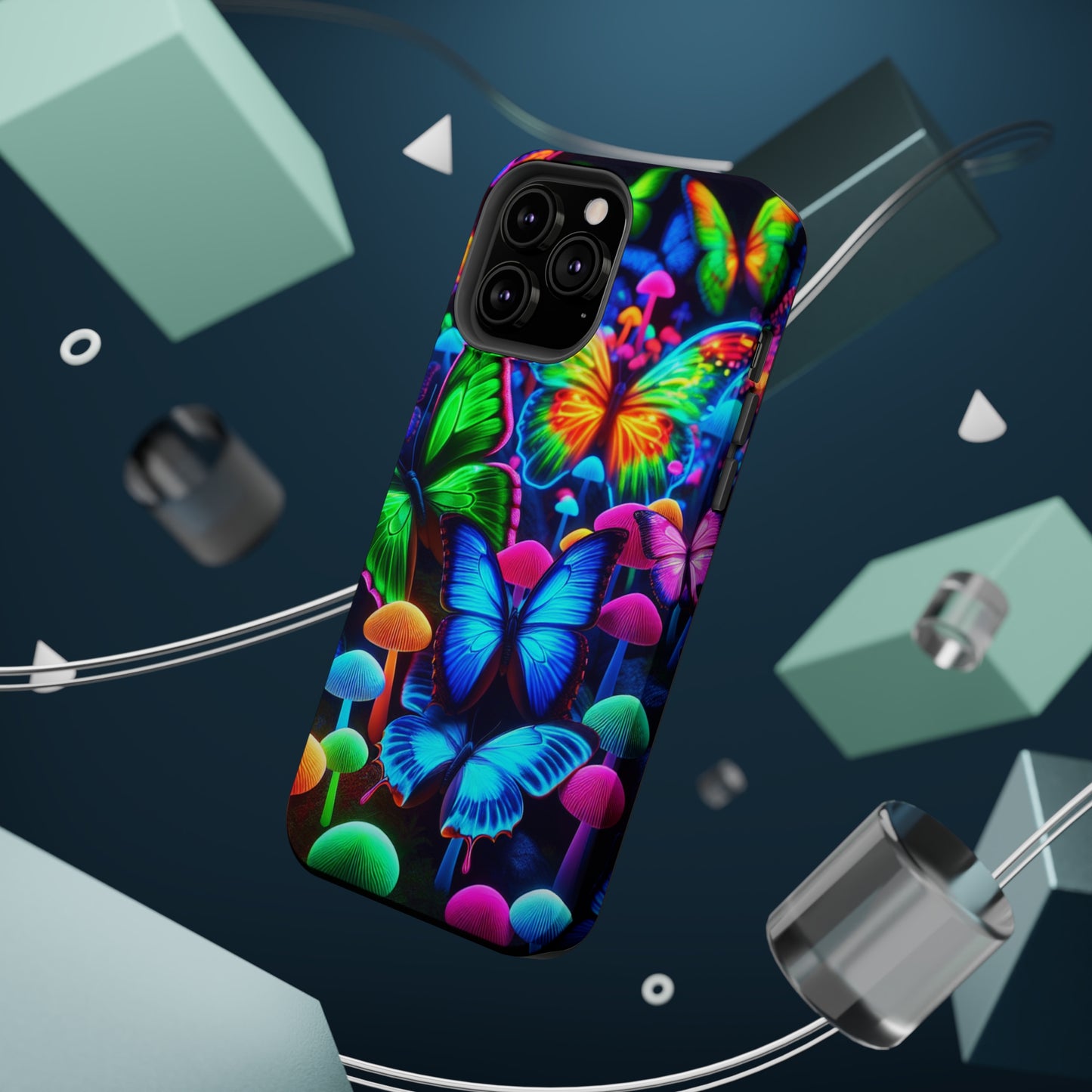 "Fantastic Fruition" Neon Butterflies and Mushrooms Premium Art Magsafe Magnet Tough IPhone 13 14 15 Pro Plus Max and Mini in Matte and Glossy Phone cases