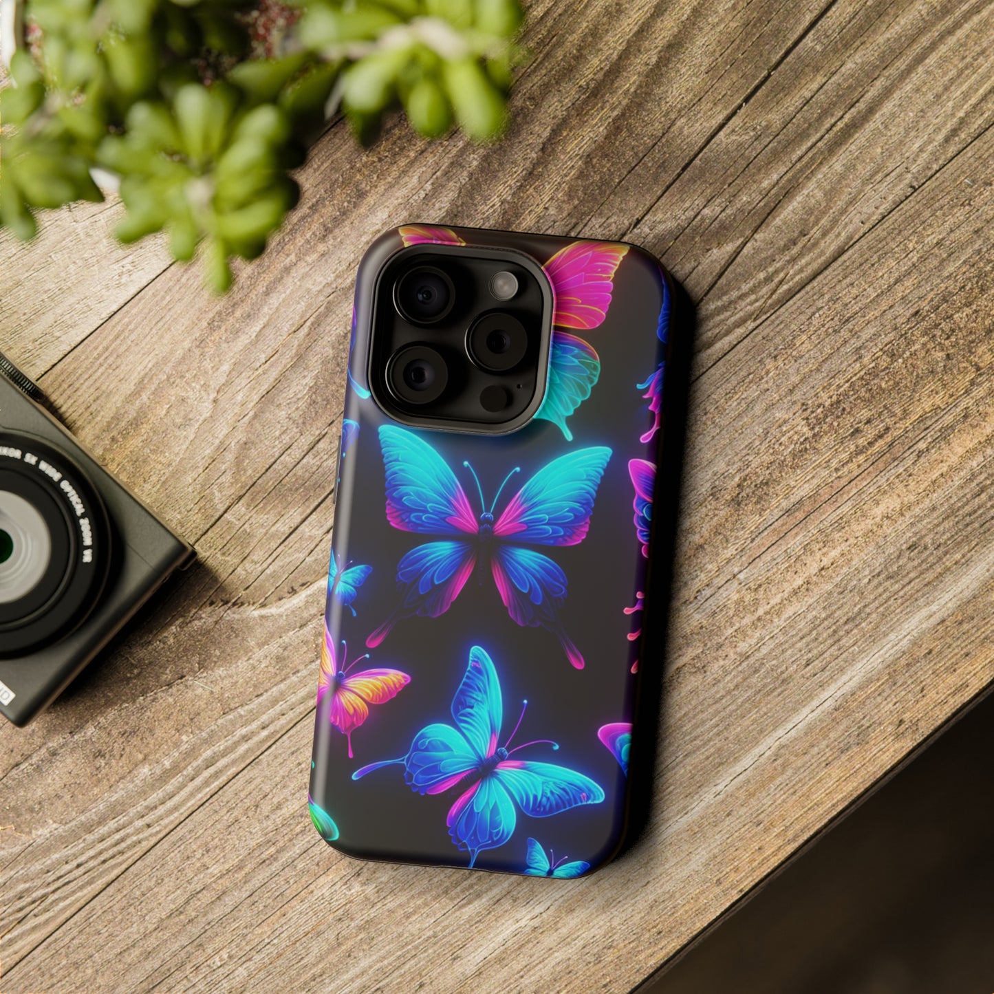 "Neon Flight Frenzy" Neon Butterflies Premium Art Magsafe Magnet Tough IPhone 13 14 15 Pro Plus Max and Mini in Matte and Glossy Phone cases