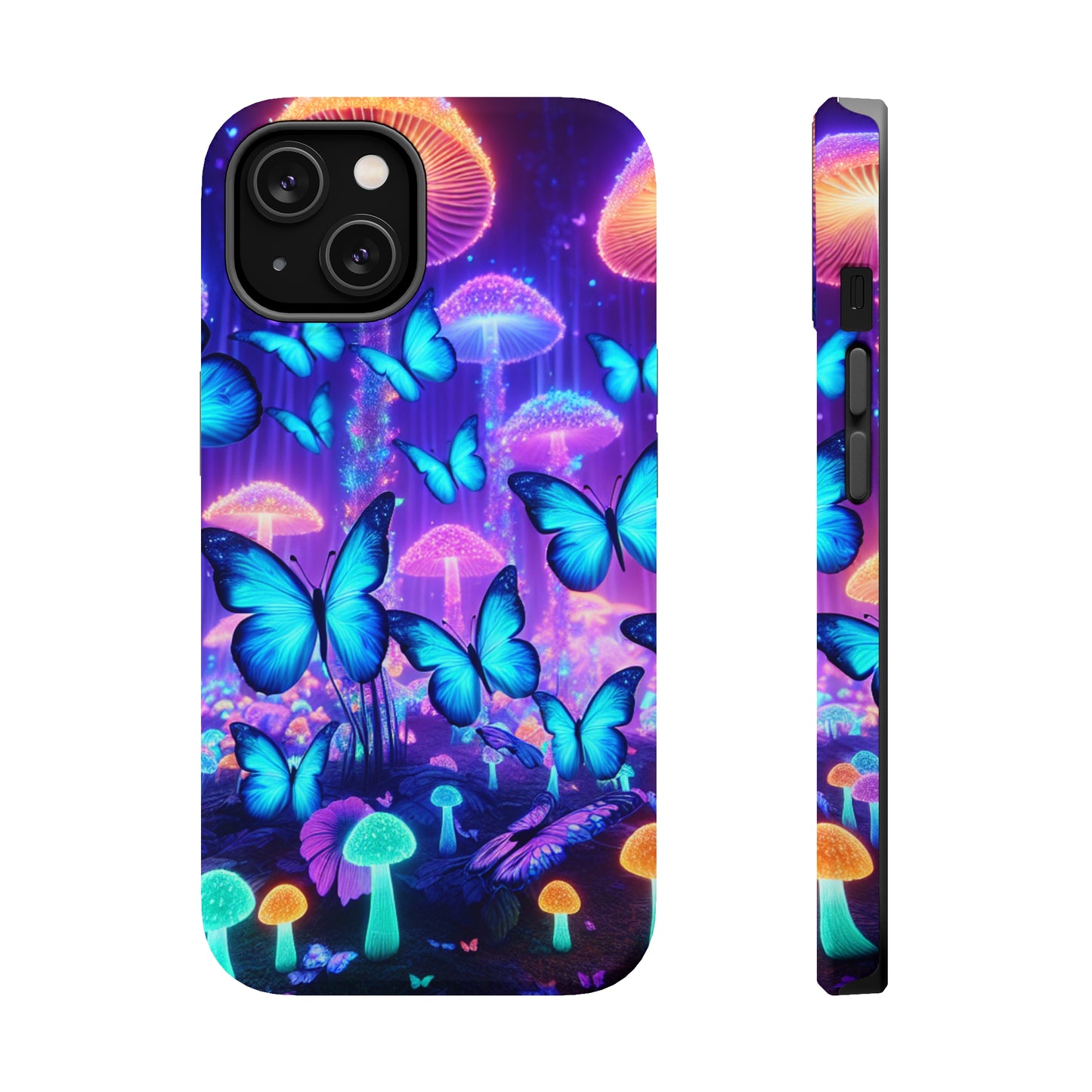Neon Delight Landscape Neon Butterflies and Mushrooms Premium Art Magsafe Magnet Tough IPhone 13 14 15 Pro Plus Max and Mini in Matte and Glossy Phone cases