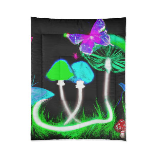"Vibrant Neon Fantasy". Butterflies & Mushrooms Comforter Blanket