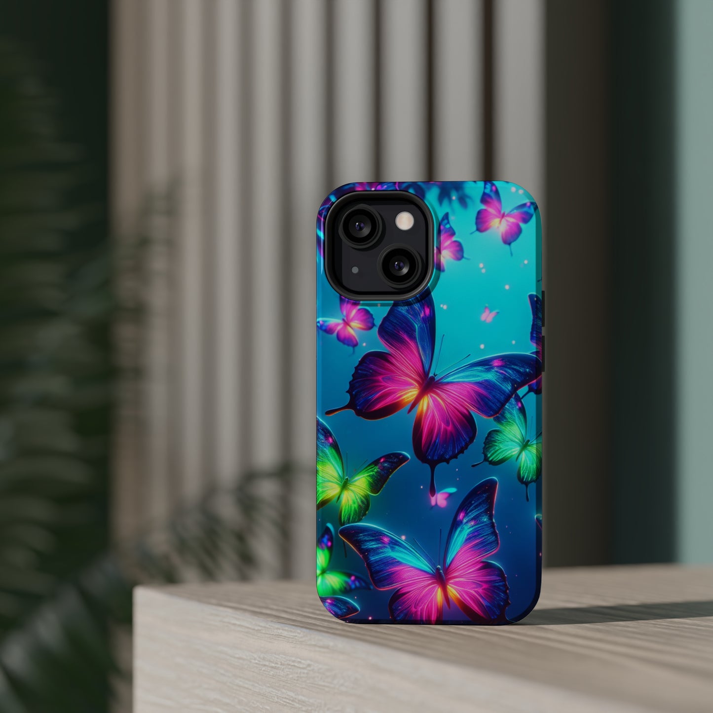 Vivid Glinting Neon Butterflies Neon Butterflies Premium Art Magsafe Magnet Tough IPhone 13 14 15 Pro Plus Max and Mini in Matte and Glossy Phone cases