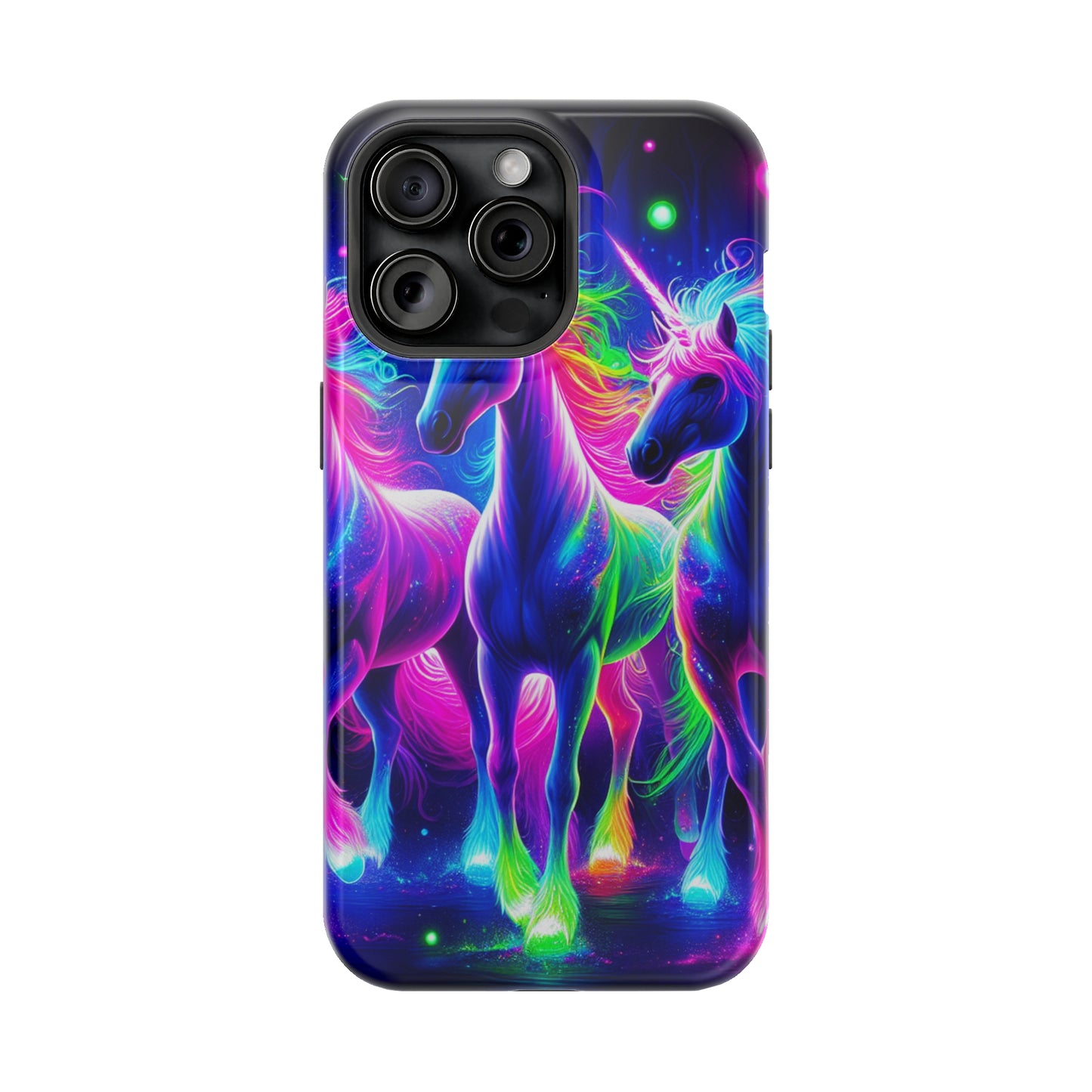 "Uni-Neon Fantasy" Neon Unicorns Premium Art Magsafe Magnet Tough IPhone 13 14 15 Pro Plus Max and Mini in Matte and Glossy Phone cases