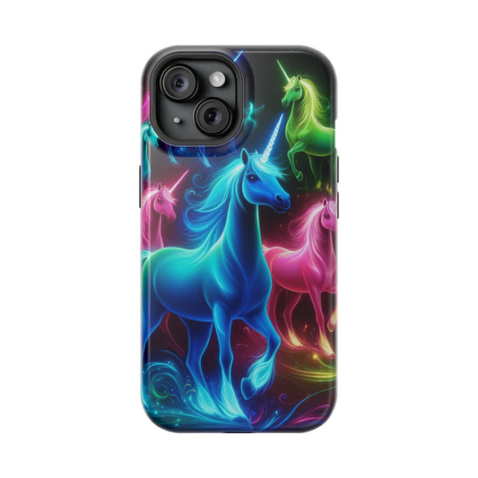 Neon Rainbow Herd. Neon Unicorns Premium Art Magsafe Magnet Tough IPhone 13 14 15 Pro Plus Max and Mini in Matte and Glossy Phone cases