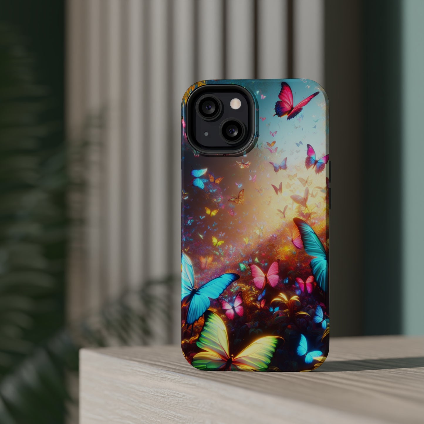 "Neon Butterfly Blooms" Neon Butterflies Premium Art Magsafe Magnet Tough IPhone 13 14 15 Pro Plus Max and Mini in Matte and Glossy Phone cases