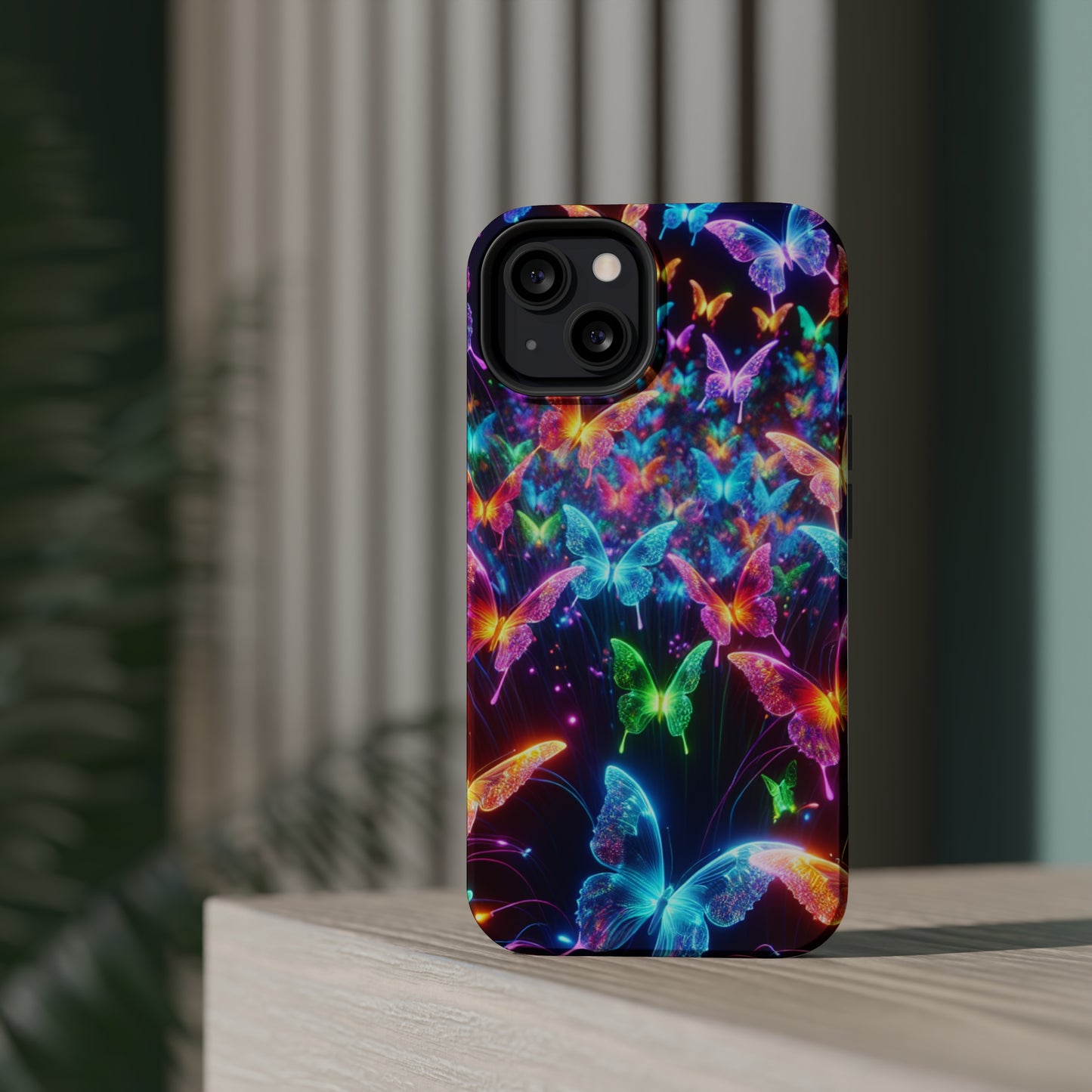 "Neon Flutterburst" Neon Butterflies Premium Art Magsafe Magnet Tough IPhone 13 14 15 Pro Plus Max and Mini in Matte and Glossy Phone cases