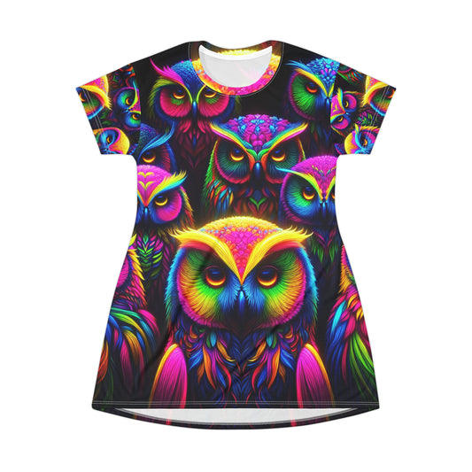 Neon Nocturnal Vision. Neon Owls Womans T Shirt Dress