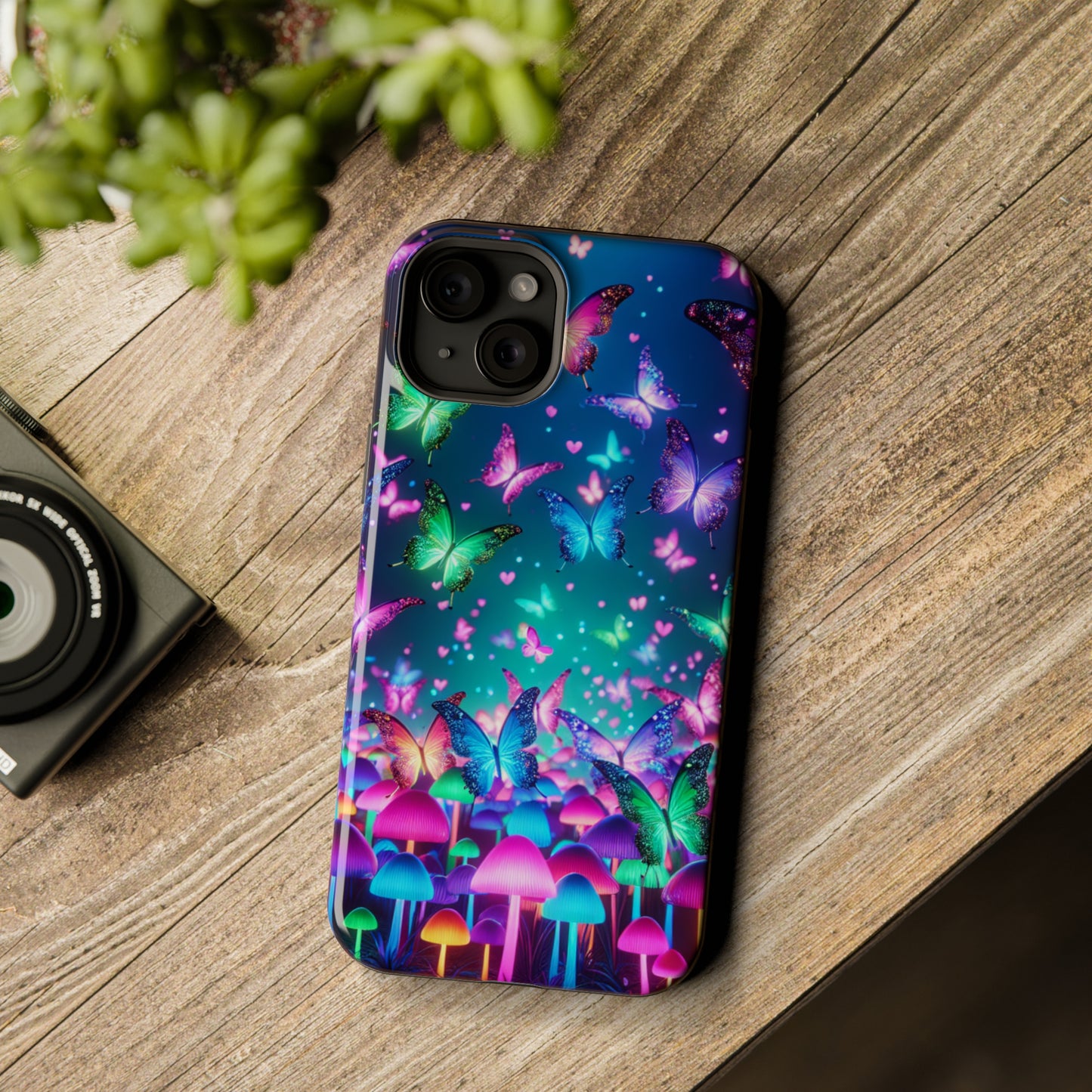 Neon Eden. Neon Butterflies and Mushrooms Premium Art Magsafe Magnet Tough IPhone 13 14 15 Pro Plus Max and Mini in Matte and Glossy Phone cases