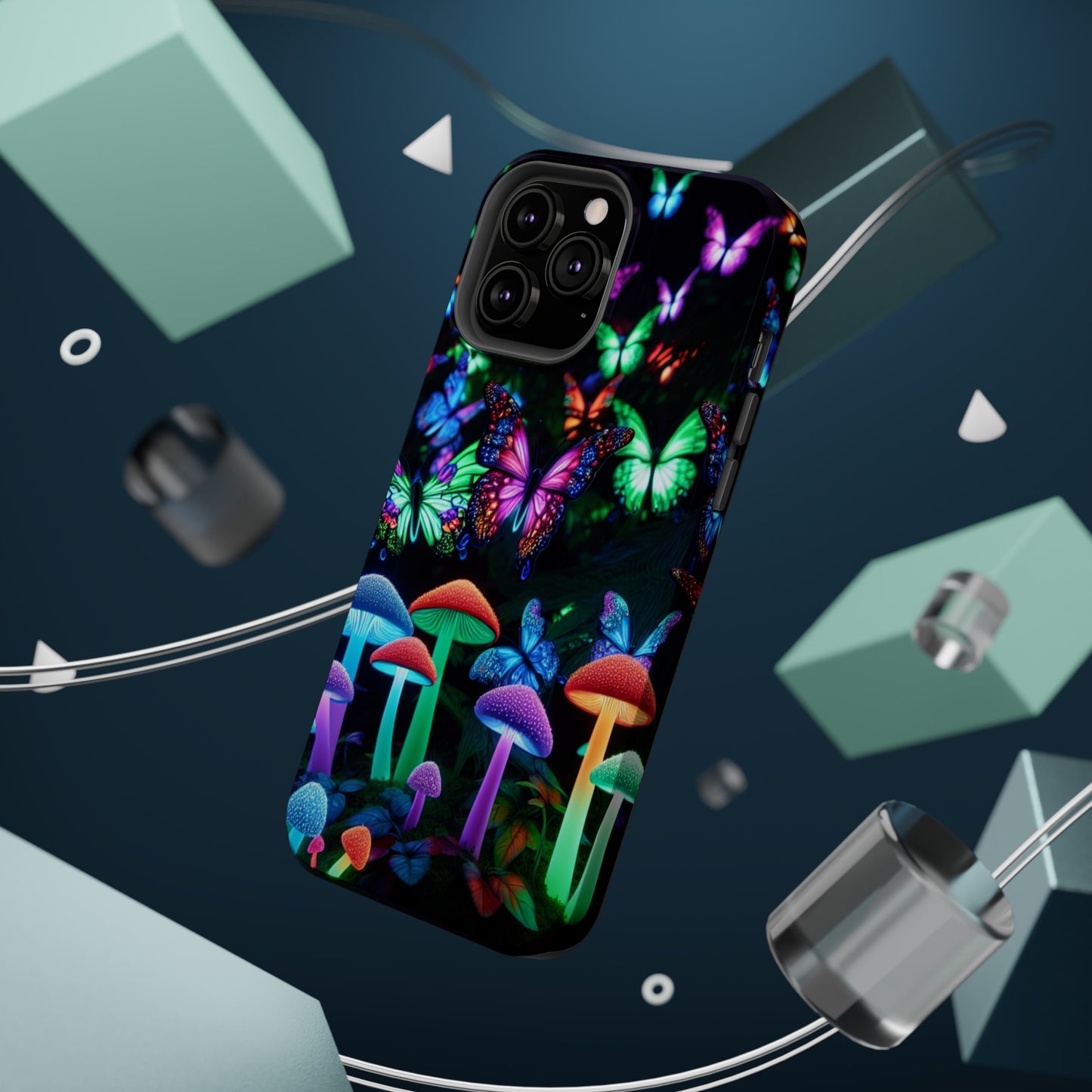 "Neon Burst Wonderland". Neon Butterflies and Mushrooms Premium Art Magsafe Magnet Tough IPhone 13 14 15 Pro Plus Max and Mini in Matte and Glossy Phone cases
