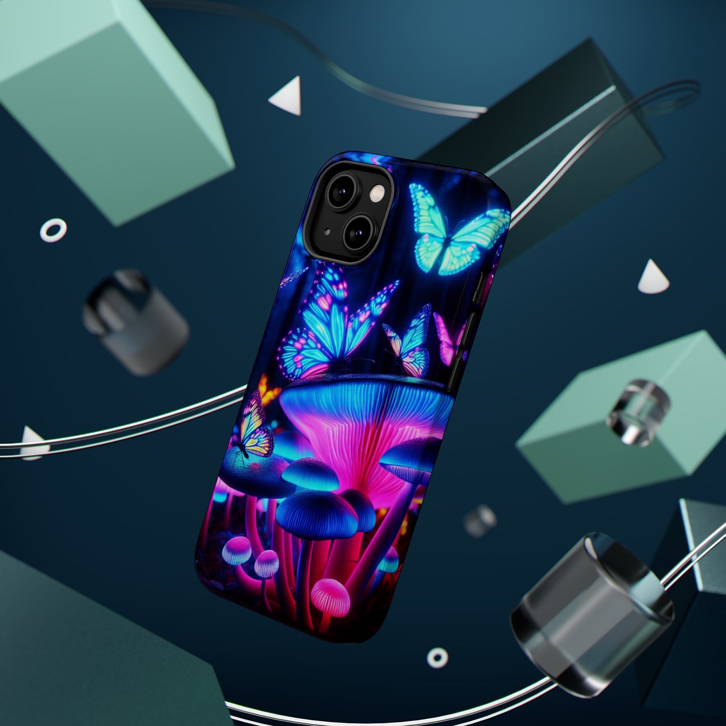 Neon Fantasy Garden Neon Butterflies and Mushrooms Premium Art Magsafe Magnet Tough IPhone 13 14 15 Pro Plus Max and Mini in Matte and Glossy Phone cases
